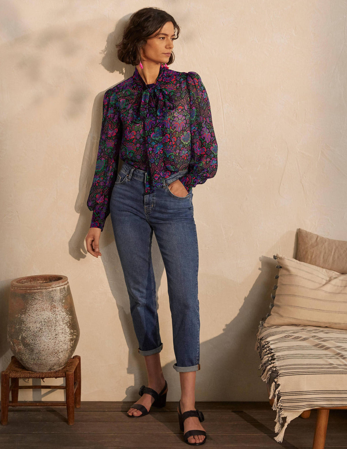 Rosaline Silk Blouse-French Navy, Opulent Bloom-3