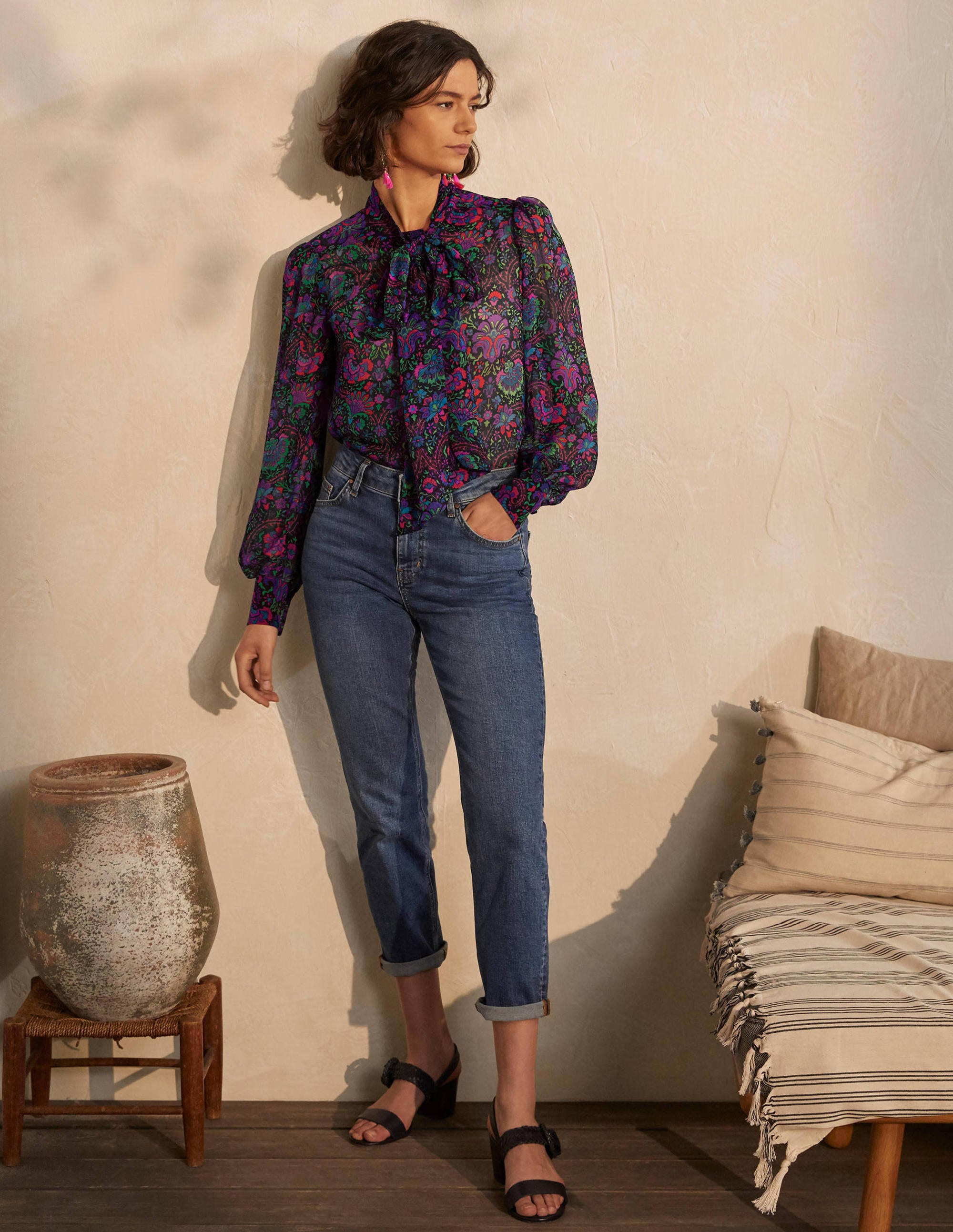 Rosaline Silk Blouse-French Navy, Opulent Bloom - Image 3