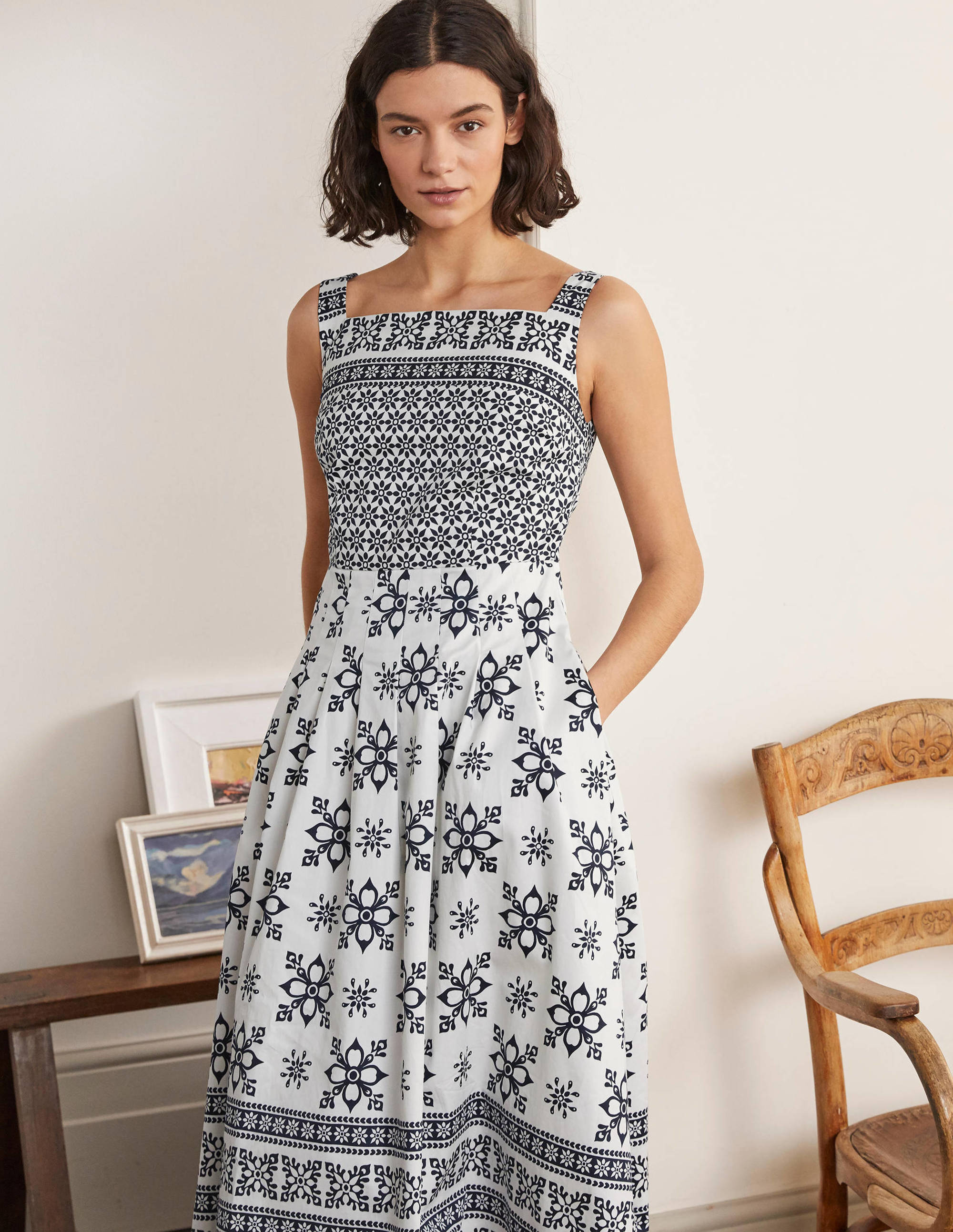 Aubrey Cotton Midi Dress-Ivory, Starflower Tile Border - Image 1