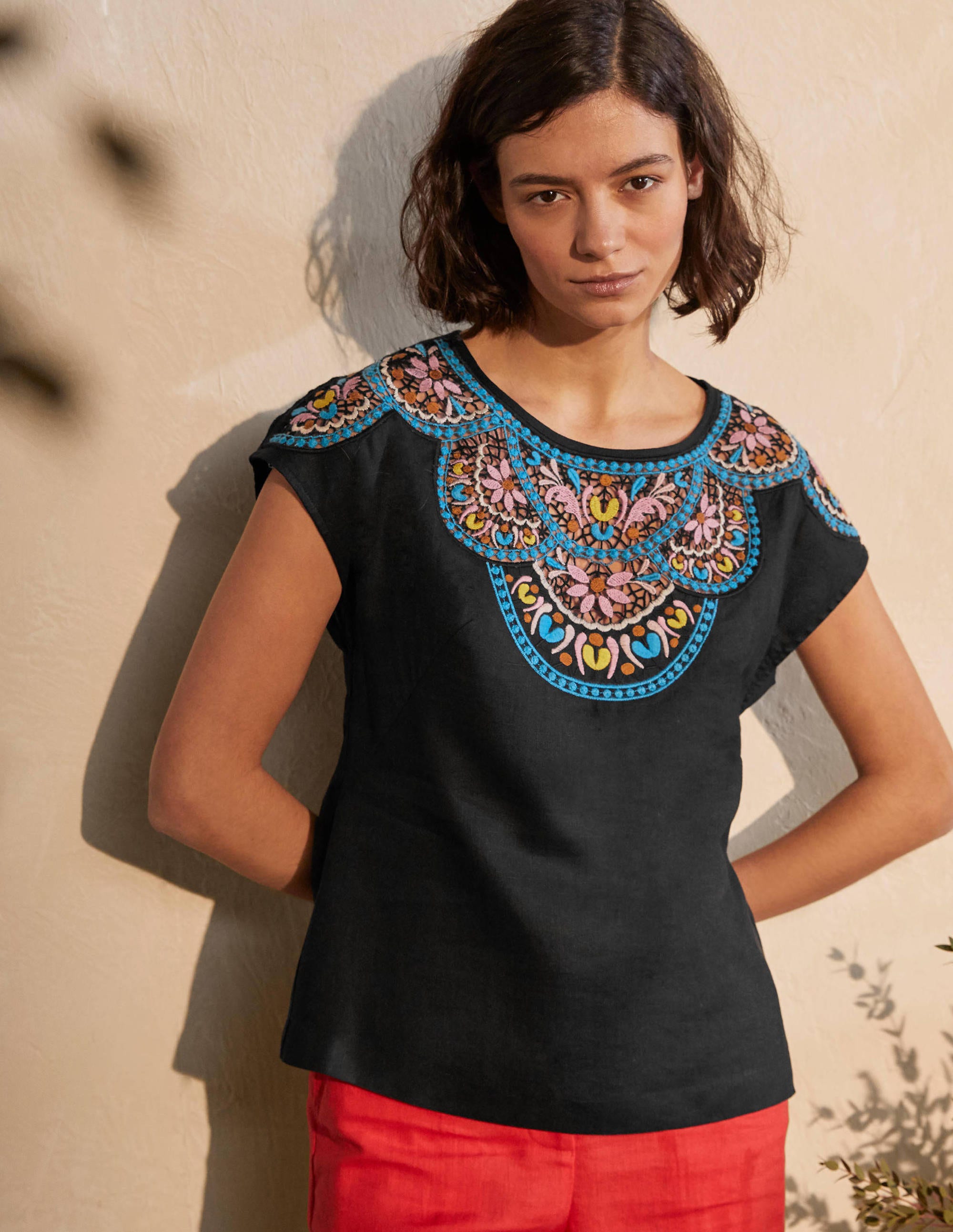 Fleur Embroidered Linen Top-Black / Multi - Image 4