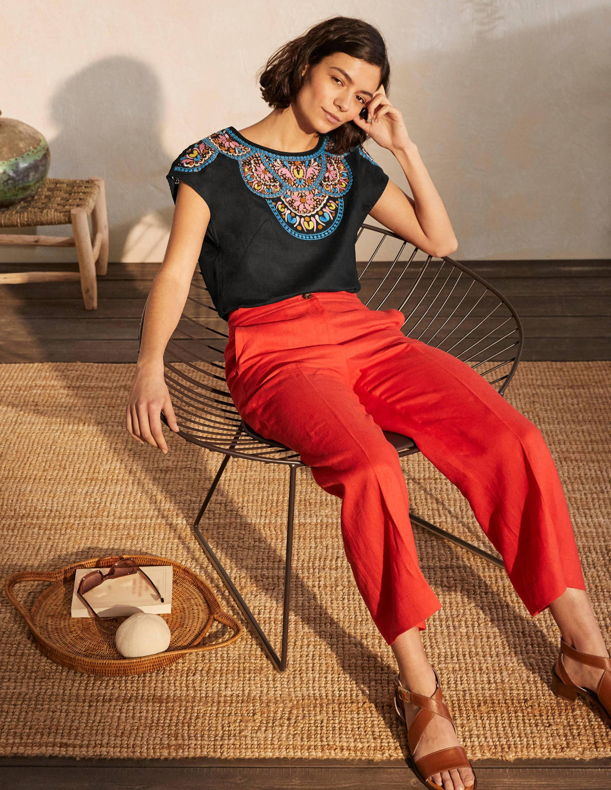 Fleur Embroidered Linen Top-Black / Multi-3