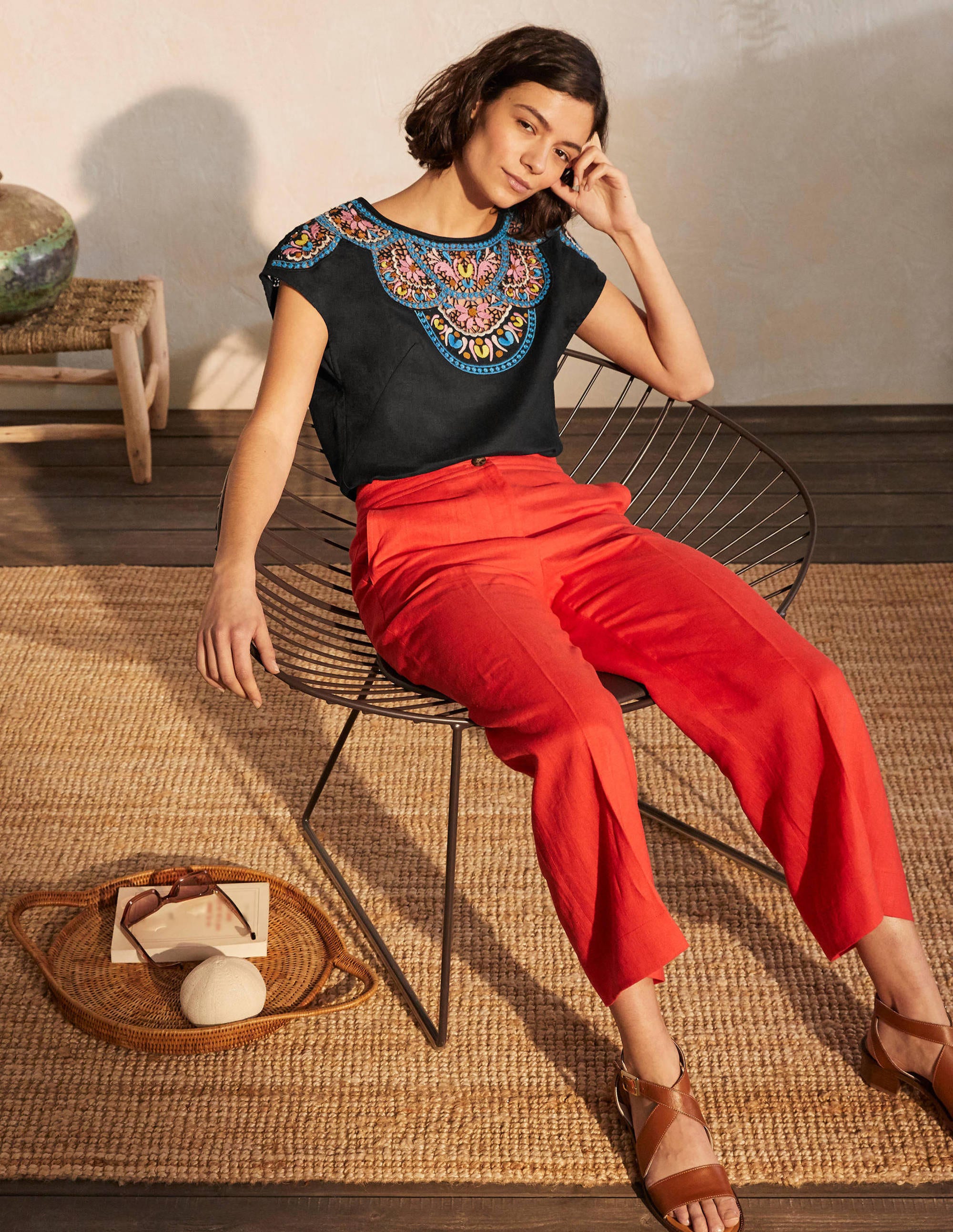 Fleur Embroidered Linen Top-Black / Multi - Image 3