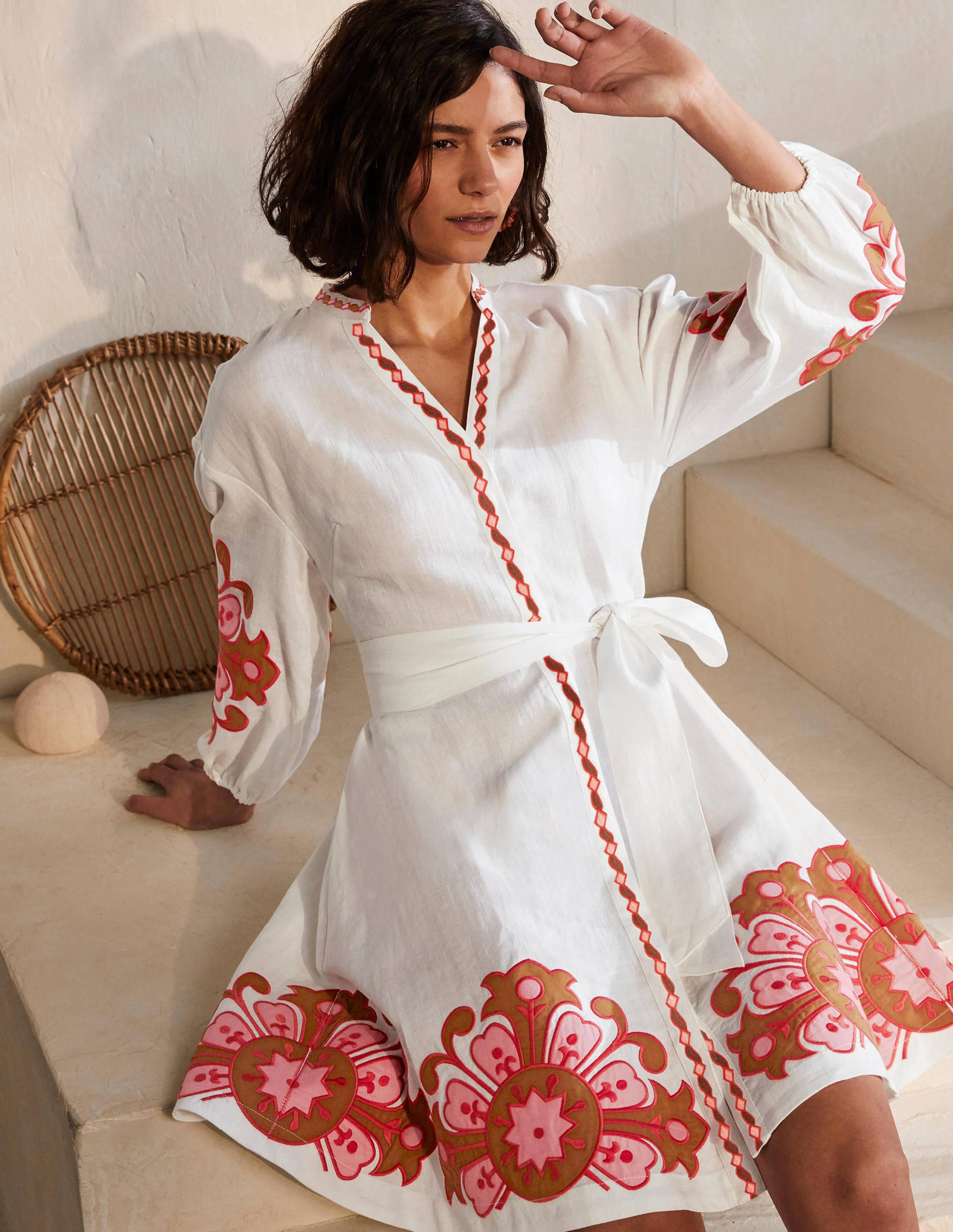 Amber Embroidered Linen Dress-White - Image 4