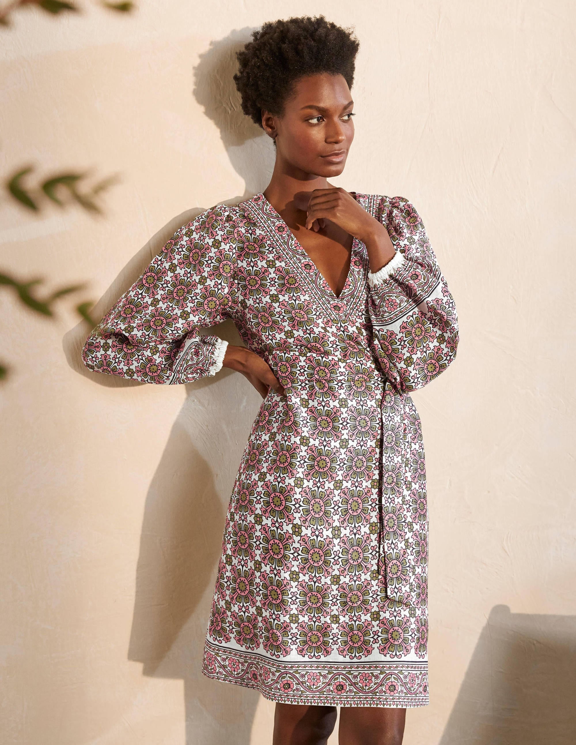 Bridget Belted Linen Dress-Ivory and Azalea, Flora Tile - Image 5