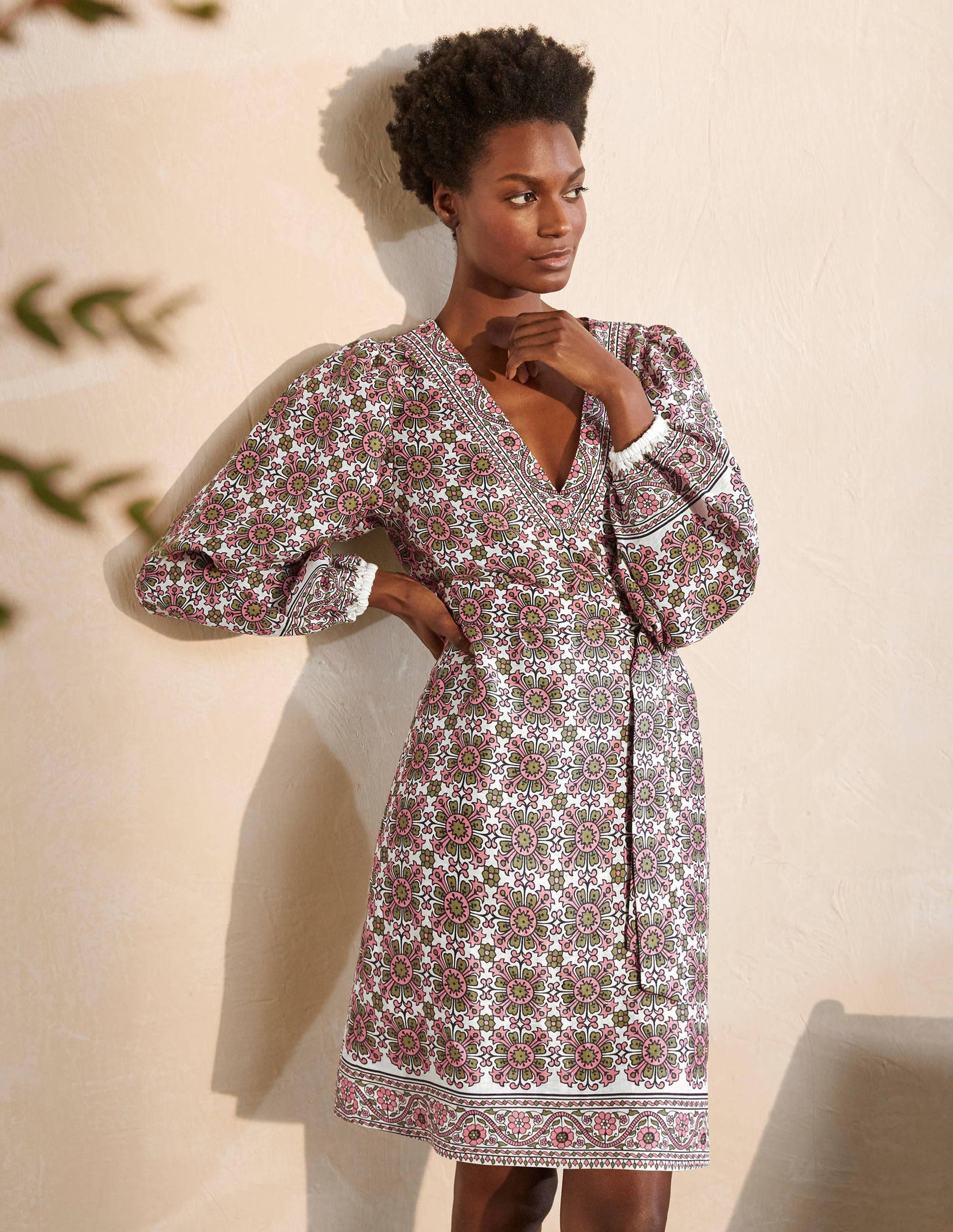 Bridget Belted Linen Dress-Ivory and Azalea, Flora Tile-1