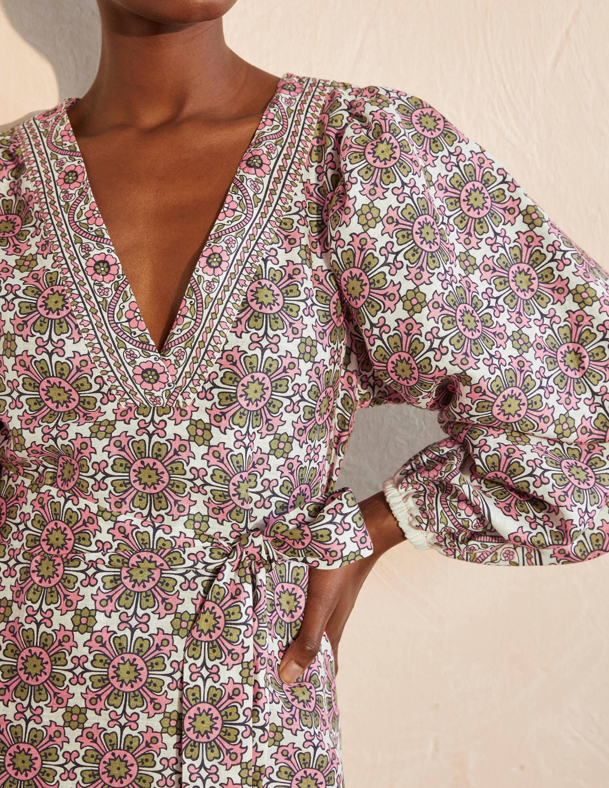 Bridget Belted Linen Dress-Ivory and Azalea, Flora Tile-2