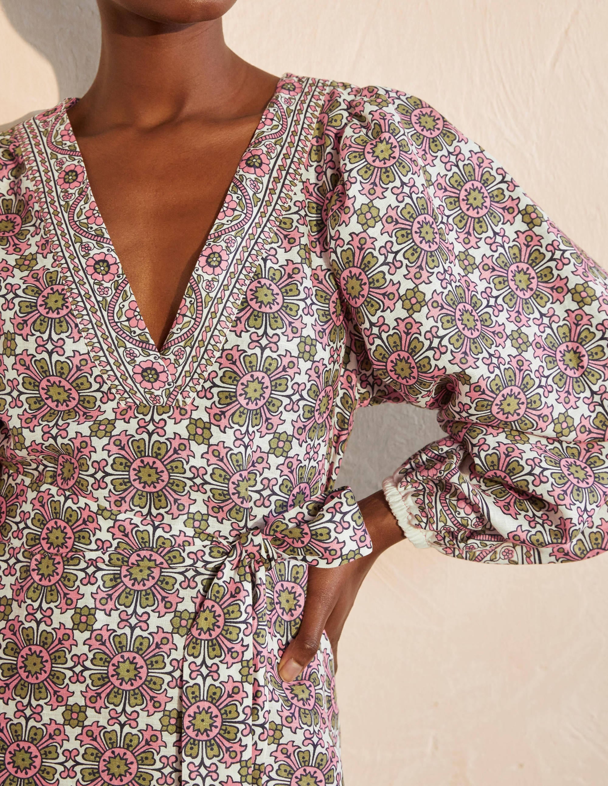 Bridget Belted Linen Dress-Ivory and Azalea, Flora Tile - Image 2