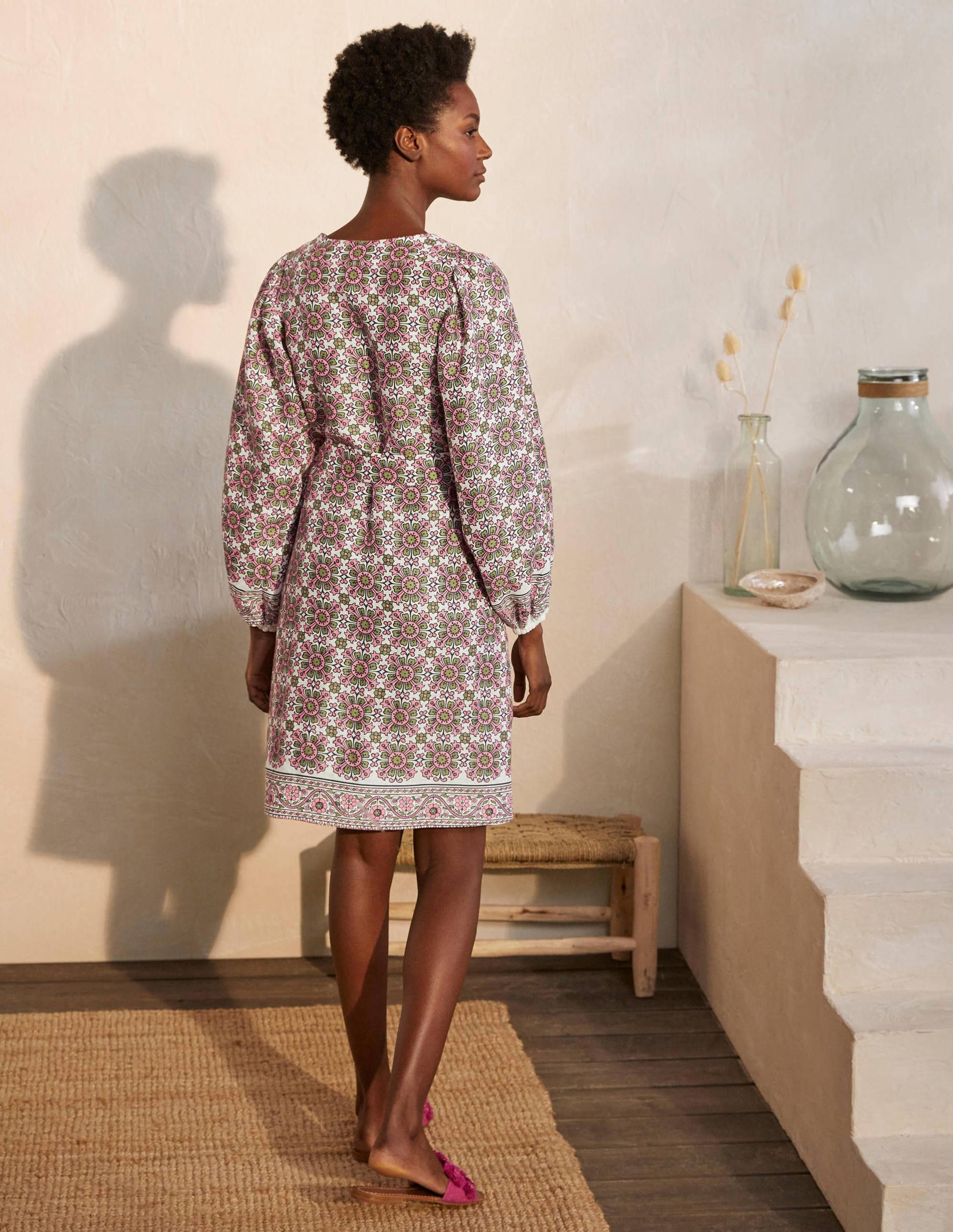 Bridget Belted Linen Dress-Ivory and Azalea, Flora Tile-3