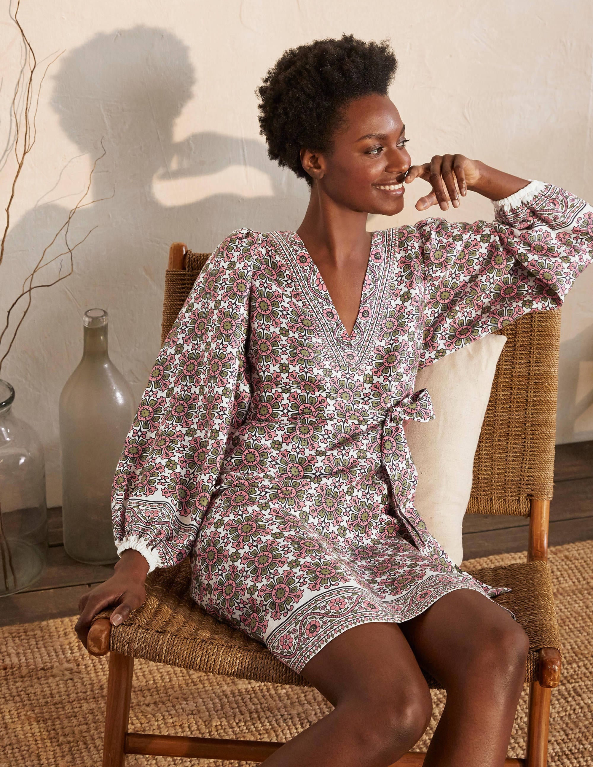 Bridget Belted Linen Dress-Ivory and Azalea, Flora Tile - Image 4