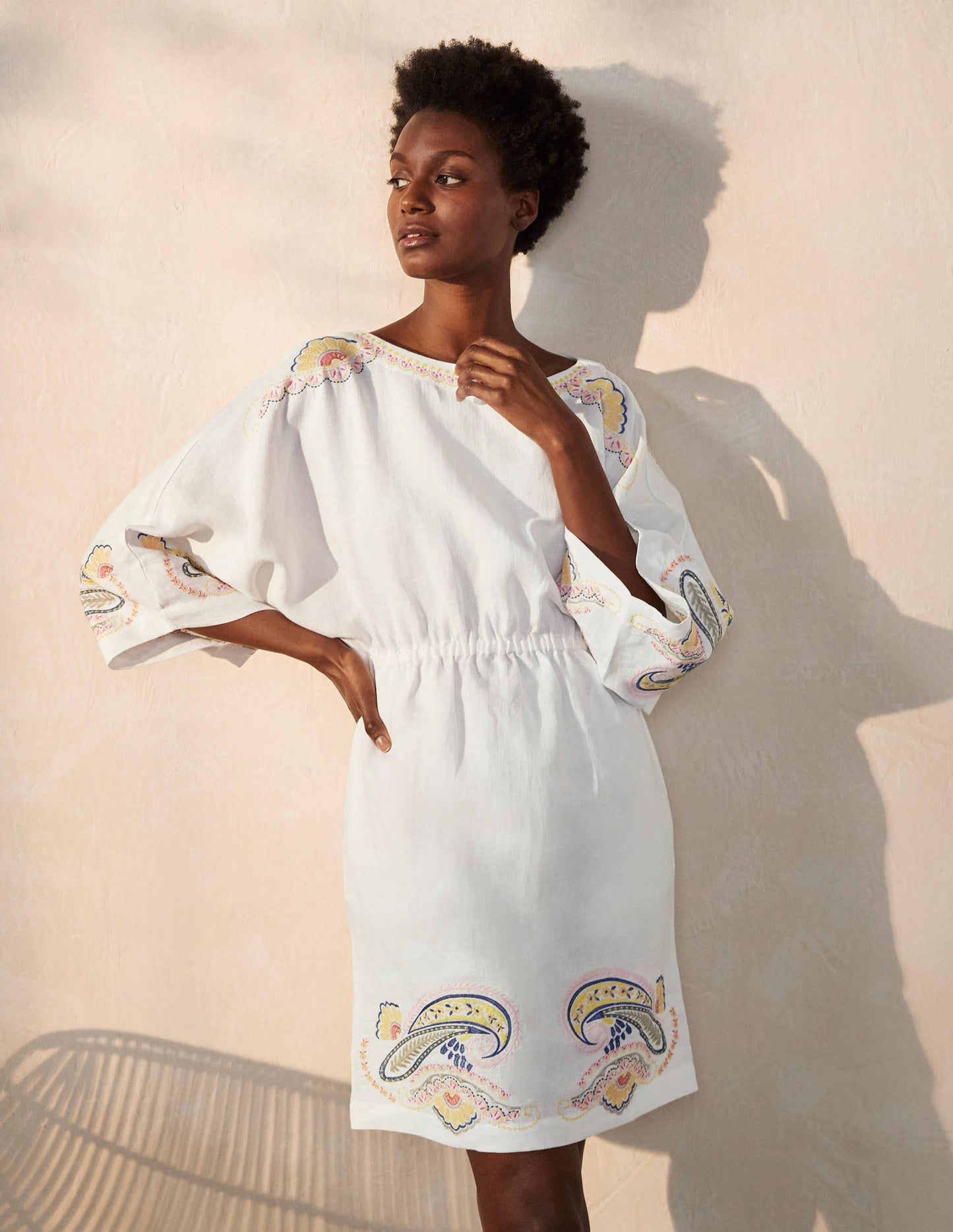 Briana Embroidered Linen Dress-White