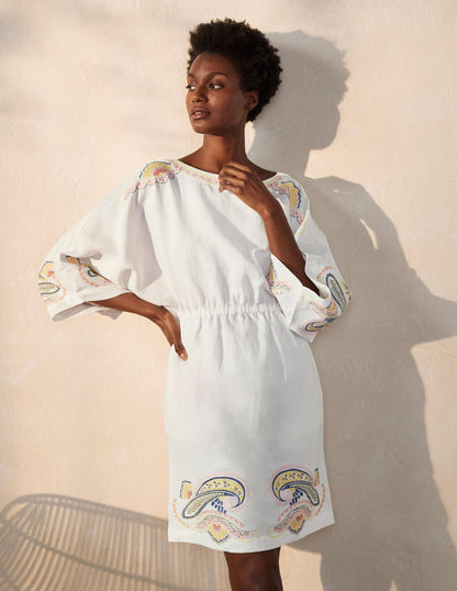 Briana Embroidered Linen Dress-White-1
