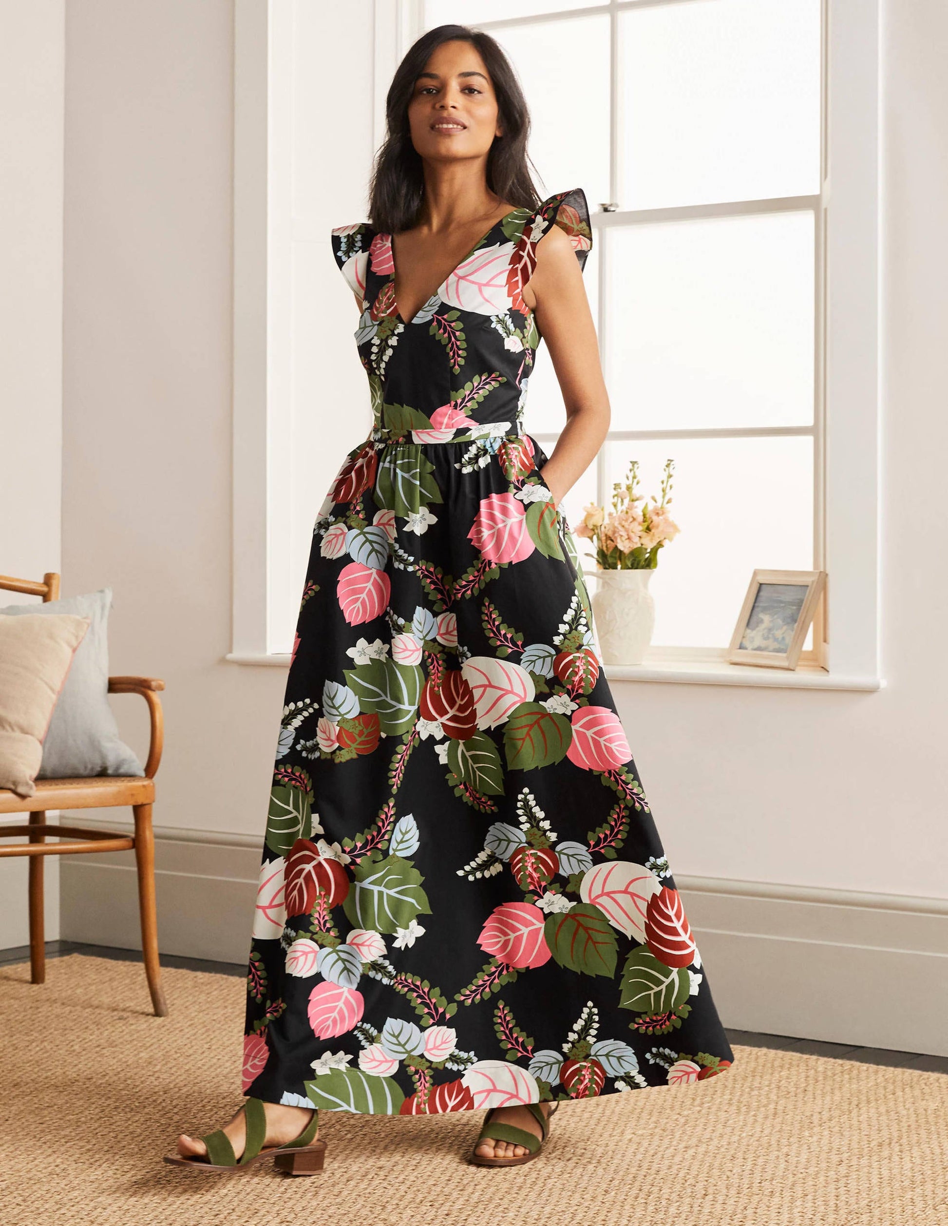 Andrea Frill Sleeve Maxi Dress-Black, Holiday Tropic-1