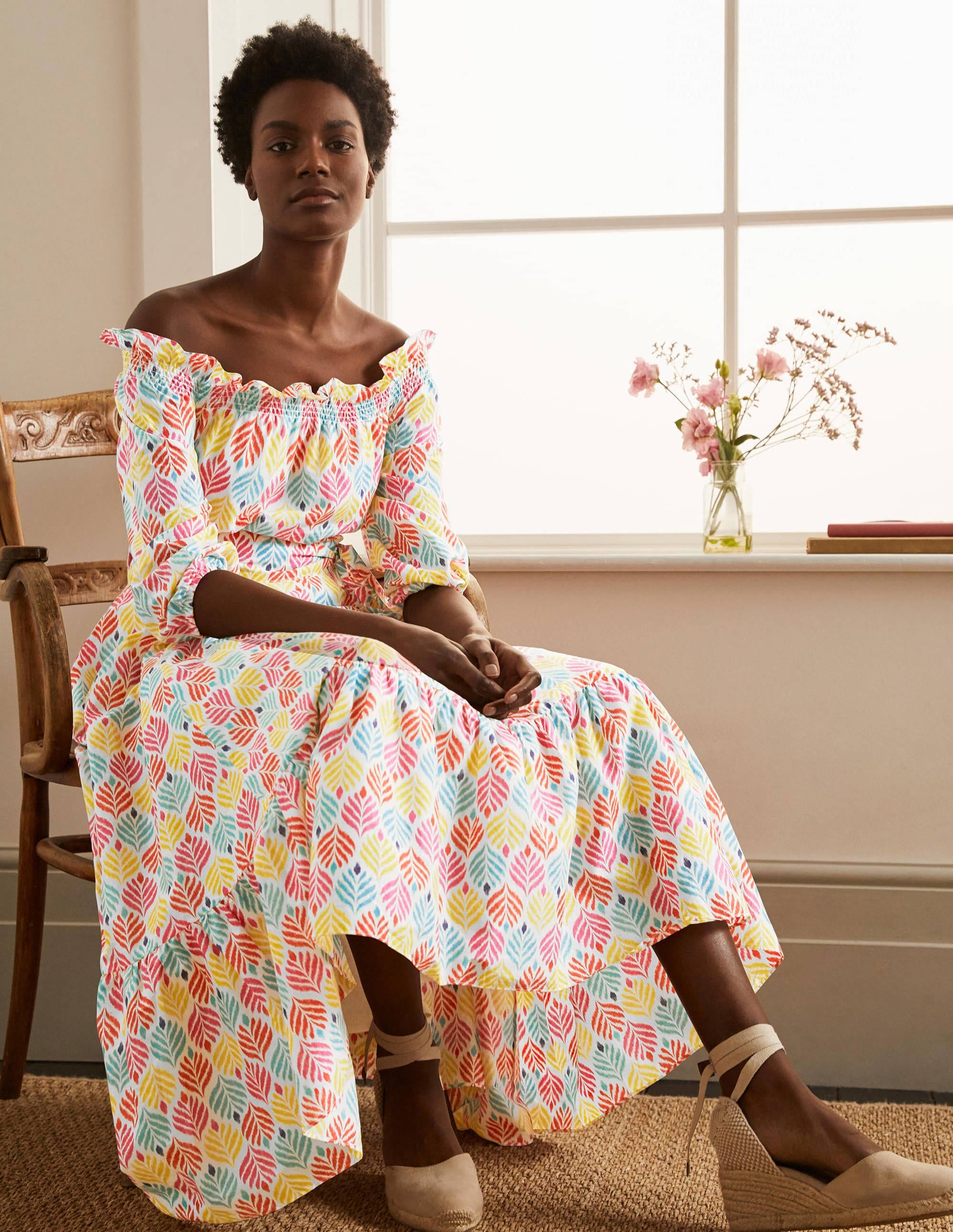 Rosalind Tiered Midi Dress-Ivory, Palm Tile Multi - Image 1