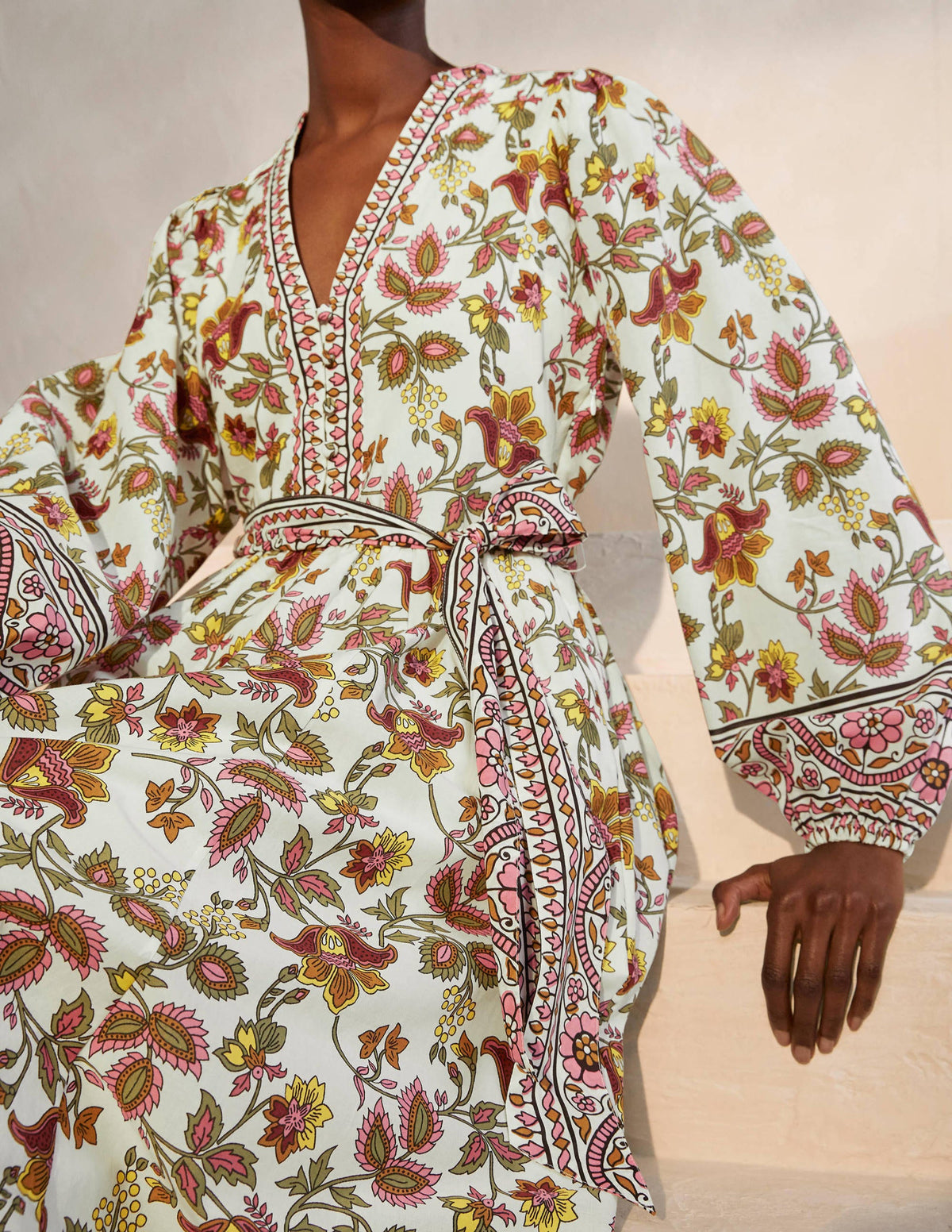 Notch Neck Cotton Maxi Dress-Ivory, Summer Chintz - Image 3