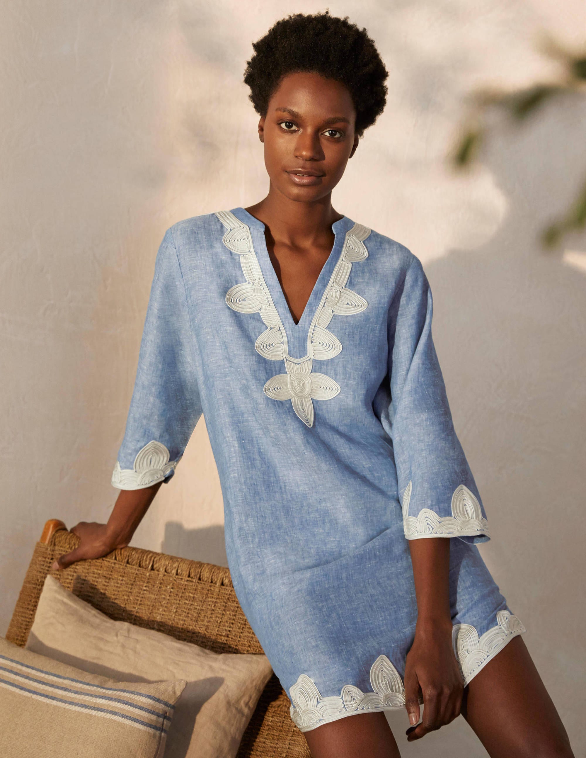 Bella Embroidered Linen Dress-Grey Blue Chambray/Ivory - Image 4
