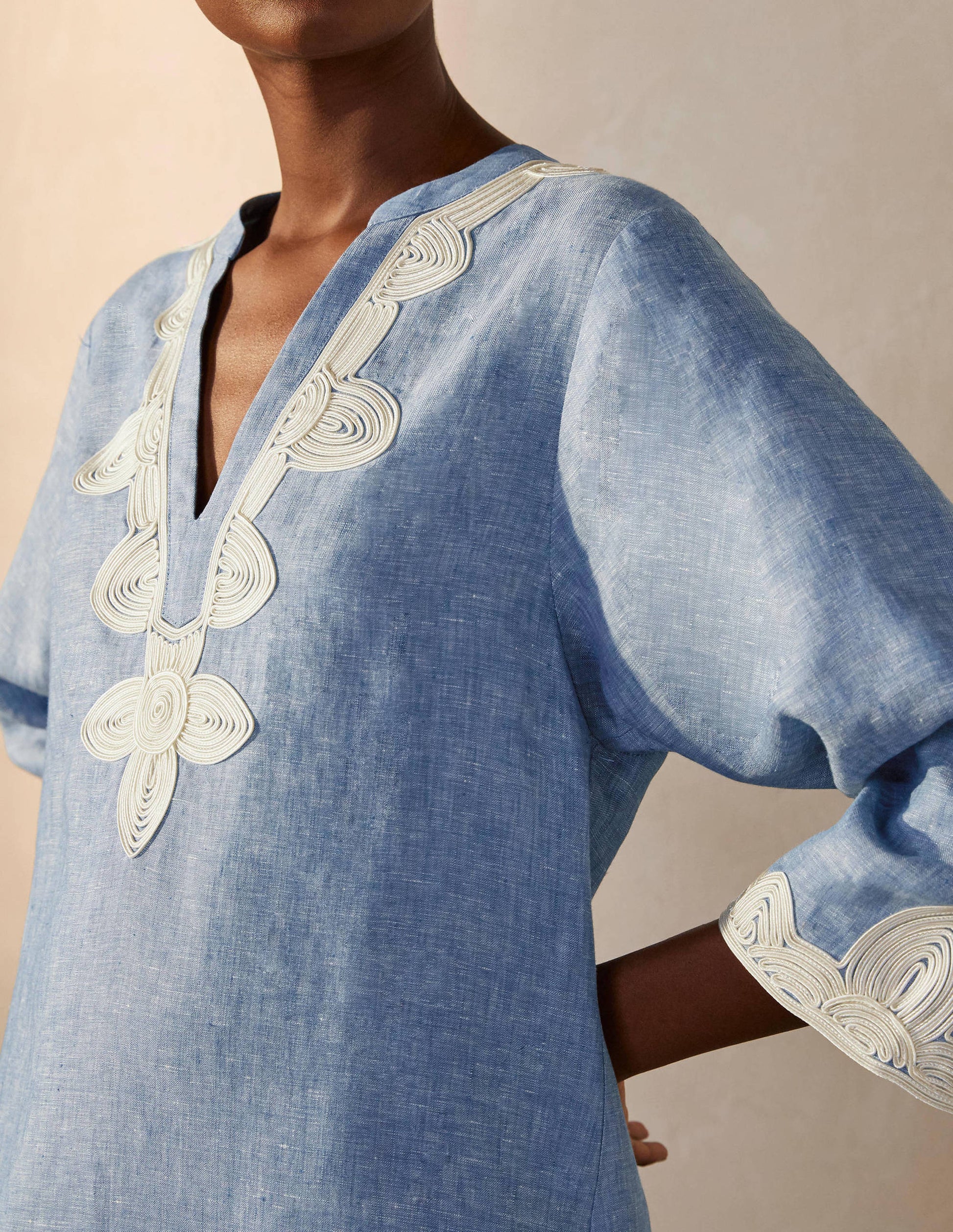 Bella Embroidered Linen Dress-Grey Blue Chambray/Ivory-3