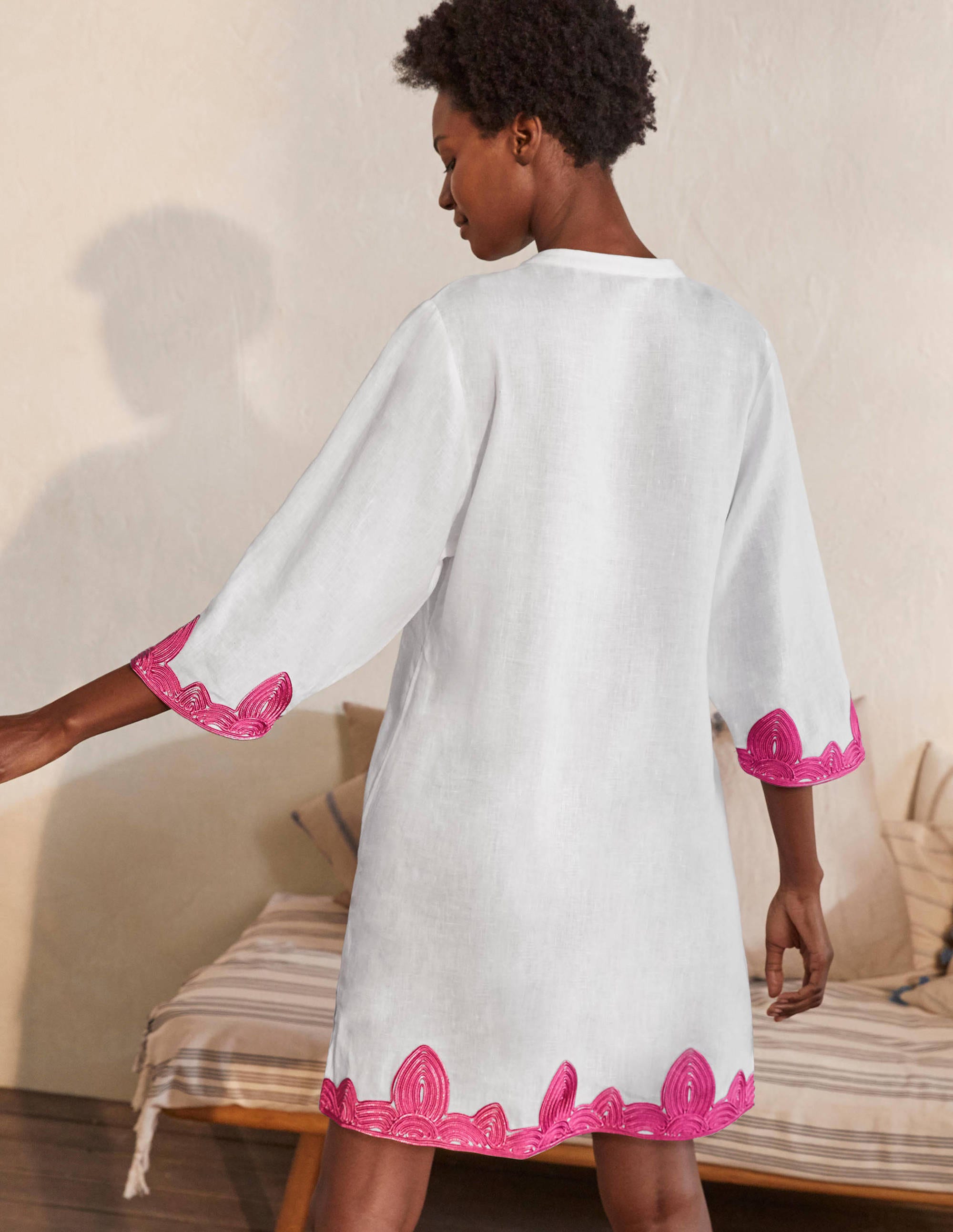 Bella Embroidered Linen Dress-White/Party Pink - Image 2
