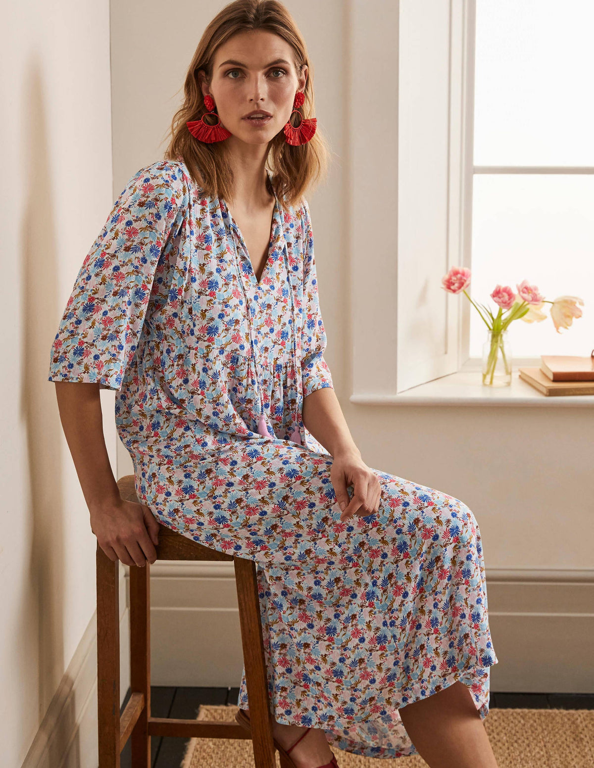 Empire-waist Midi Dress-Ivory, Enchanting Floral - Image 5