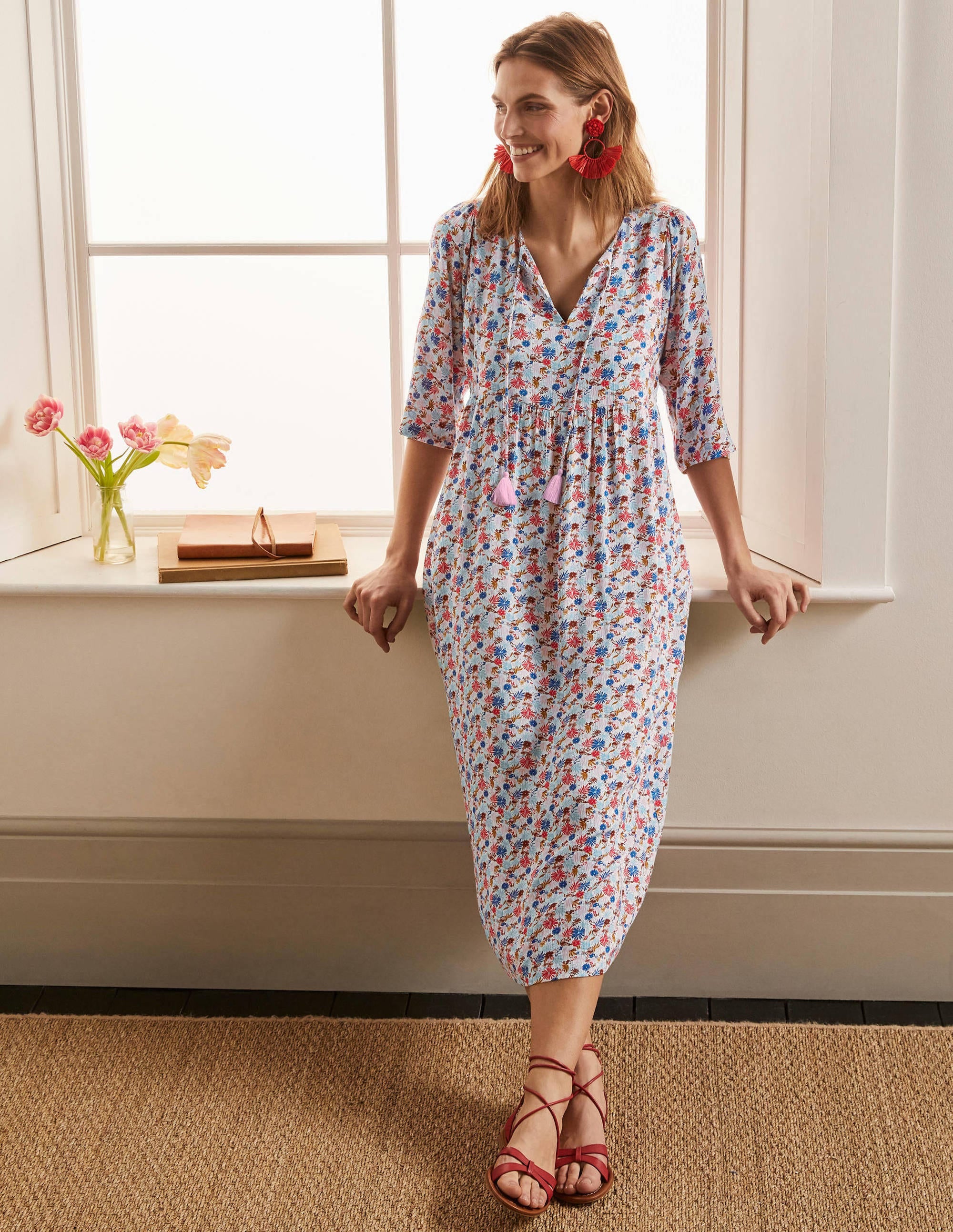 Empire-waist Midi Dress-Ivory, Enchanting Floral - Image 1