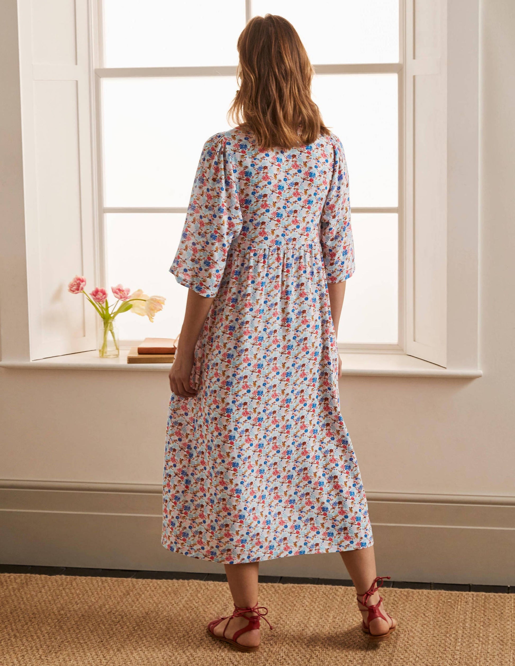 Empire-waist Midi Dress-Ivory, Enchanting Floral-2