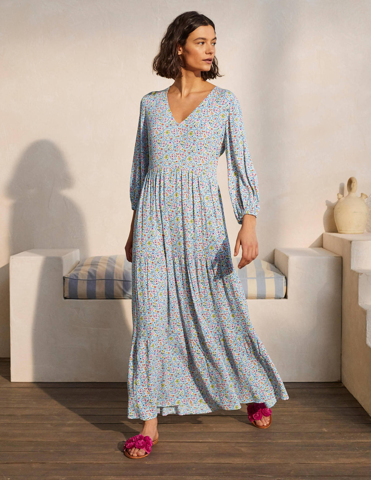 Blouson Sleeve Maxi Dress-Ivory, Leafy Floral - Image 5