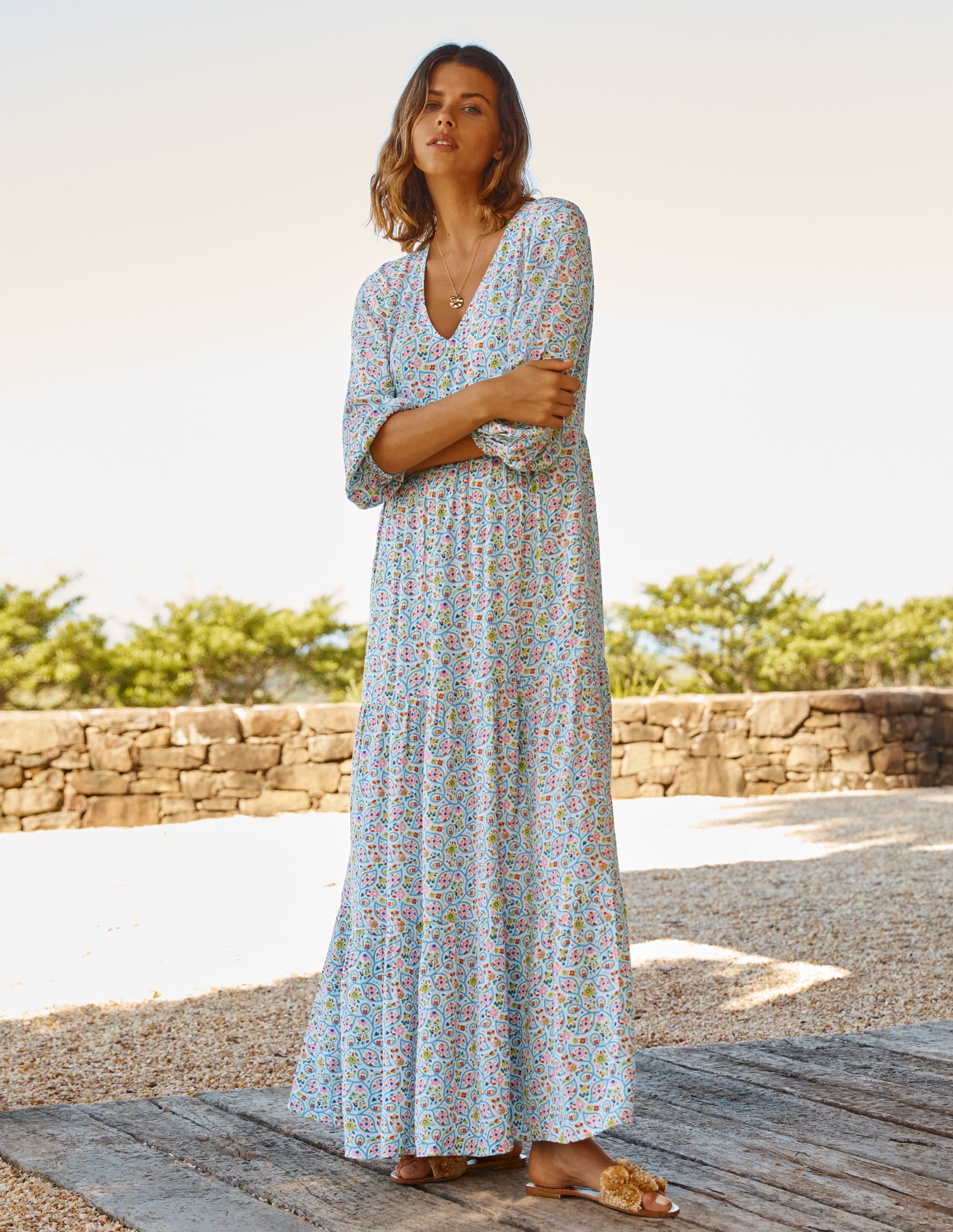 Blouson Sleeve Maxi Dress-Ivory, Leafy Floral - Image 4