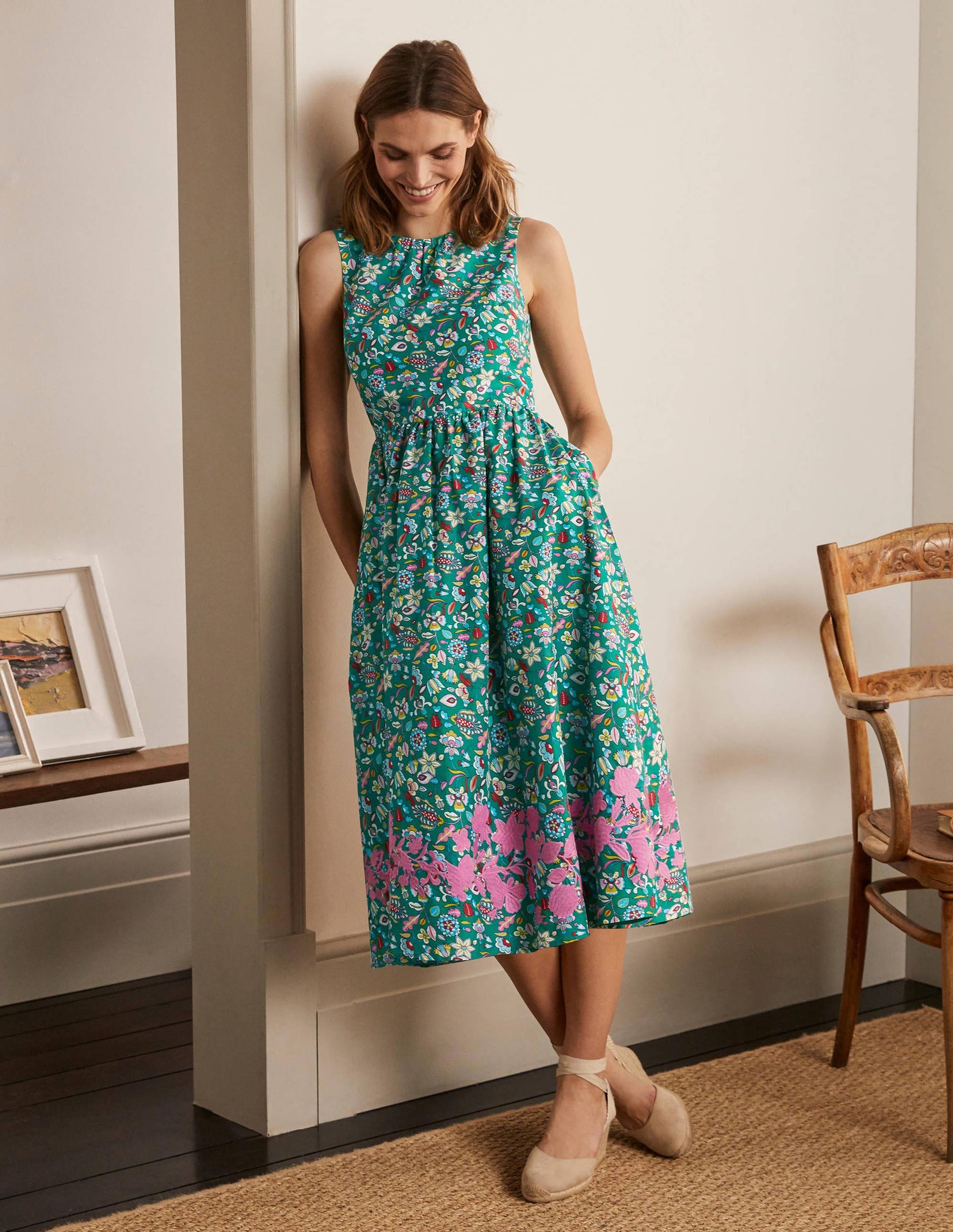 Embroidered Cotton Midi Dress-Green, Kaleidoscopic Floral-5