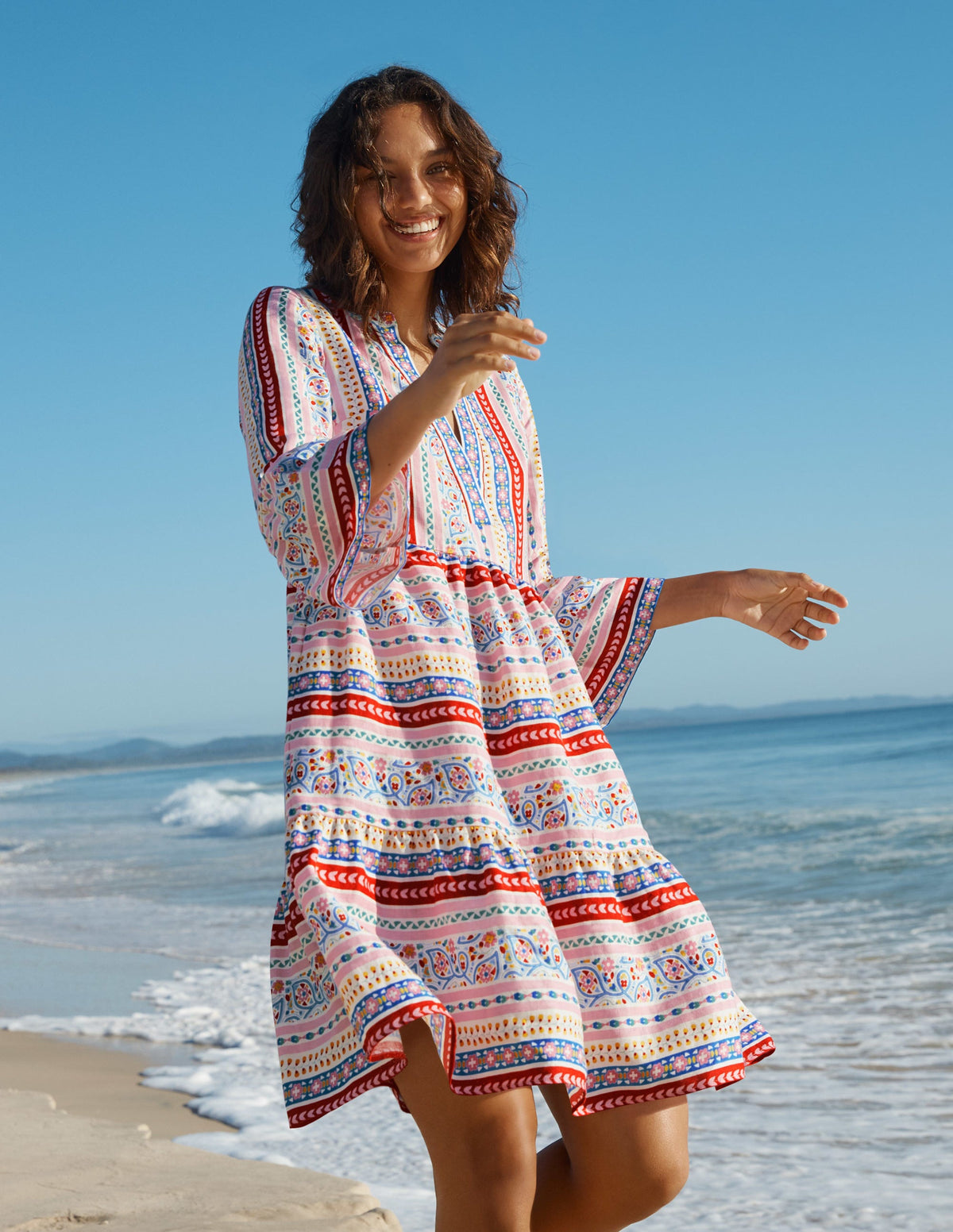 Relaxed Linen Tiered Dress-Ivory, Exotic Border-3
