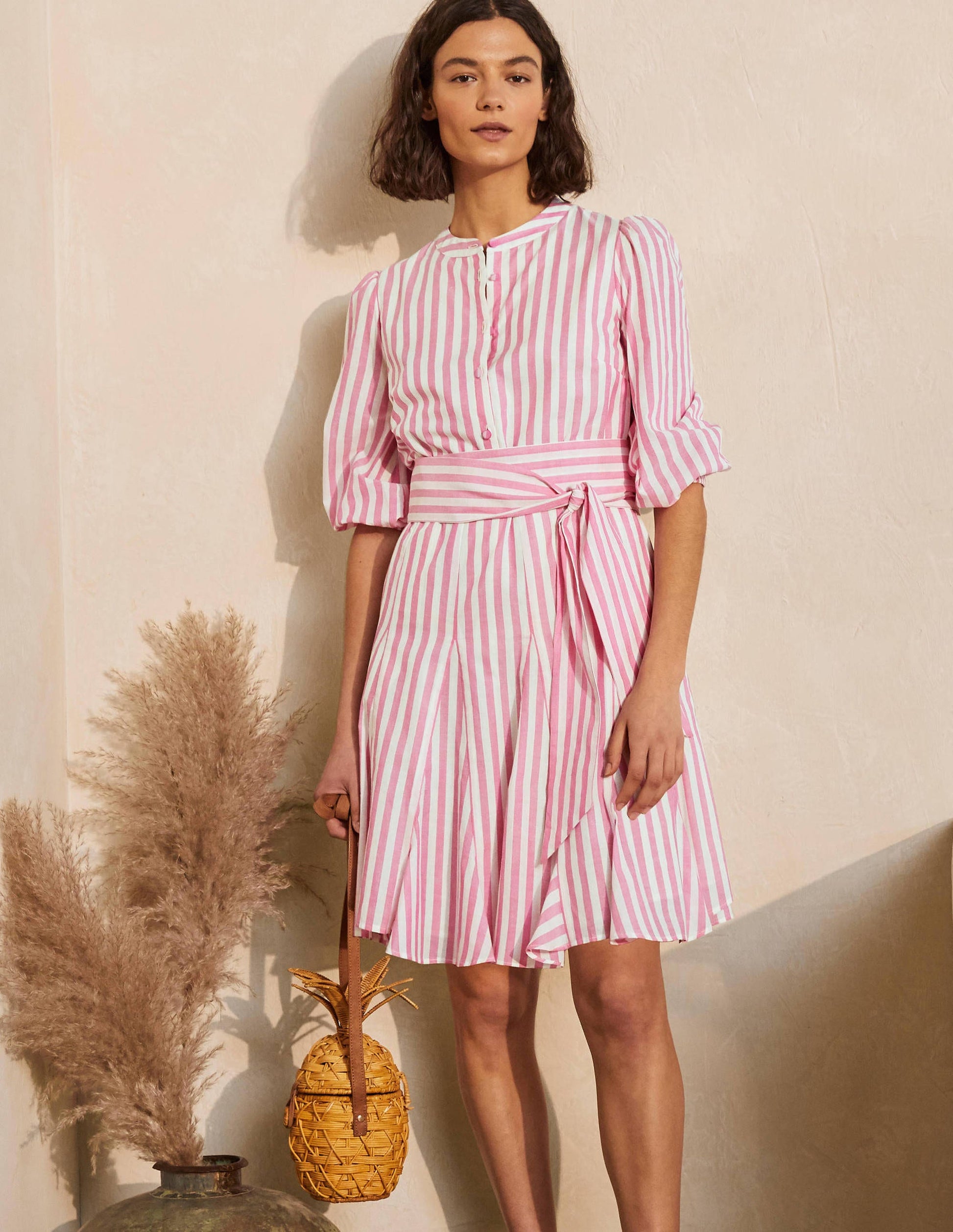 Puff Sleeve Cotton Dress-Party Pink Stripe-6