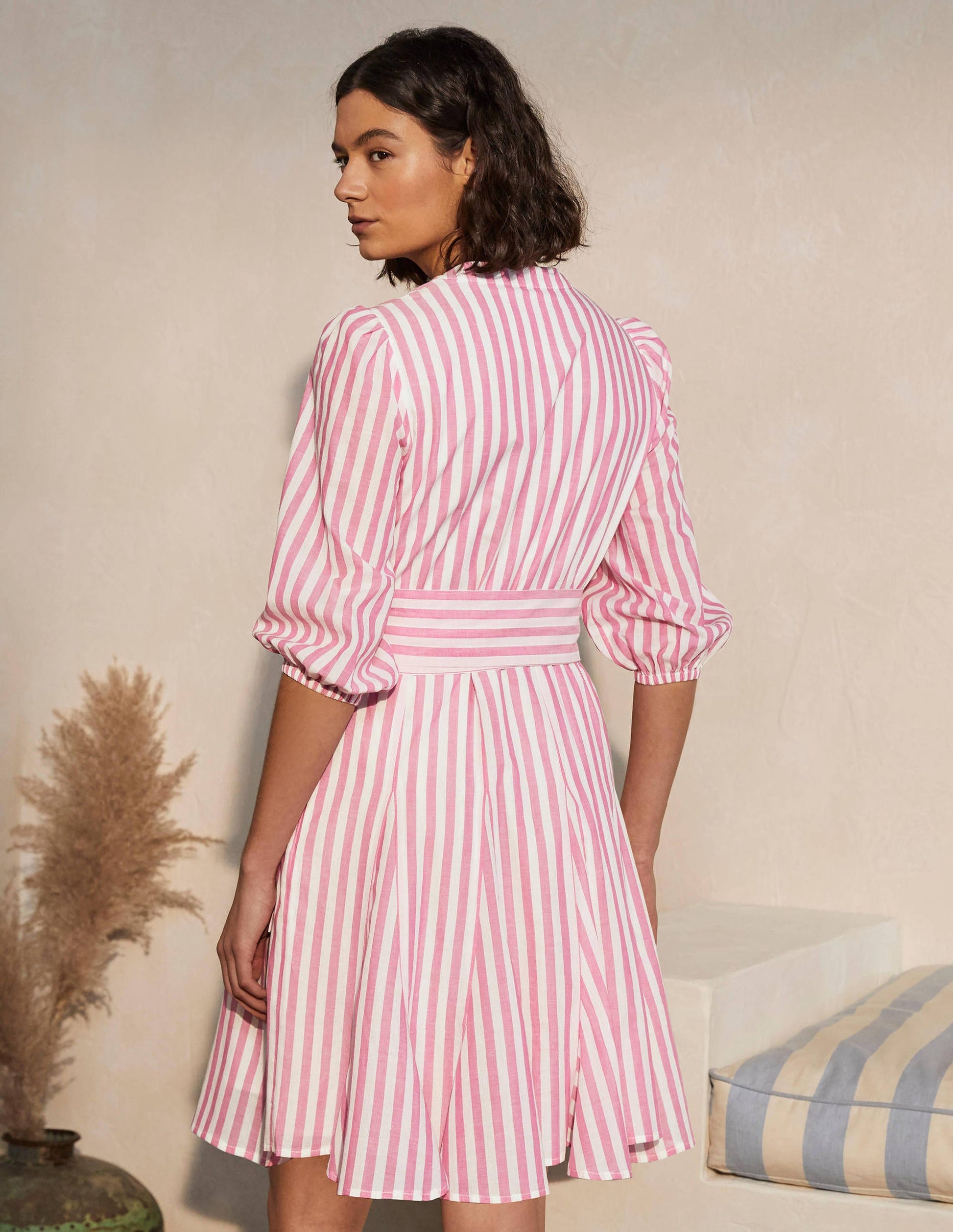 Puff Sleeve Cotton Dress-Party Pink Stripe-3