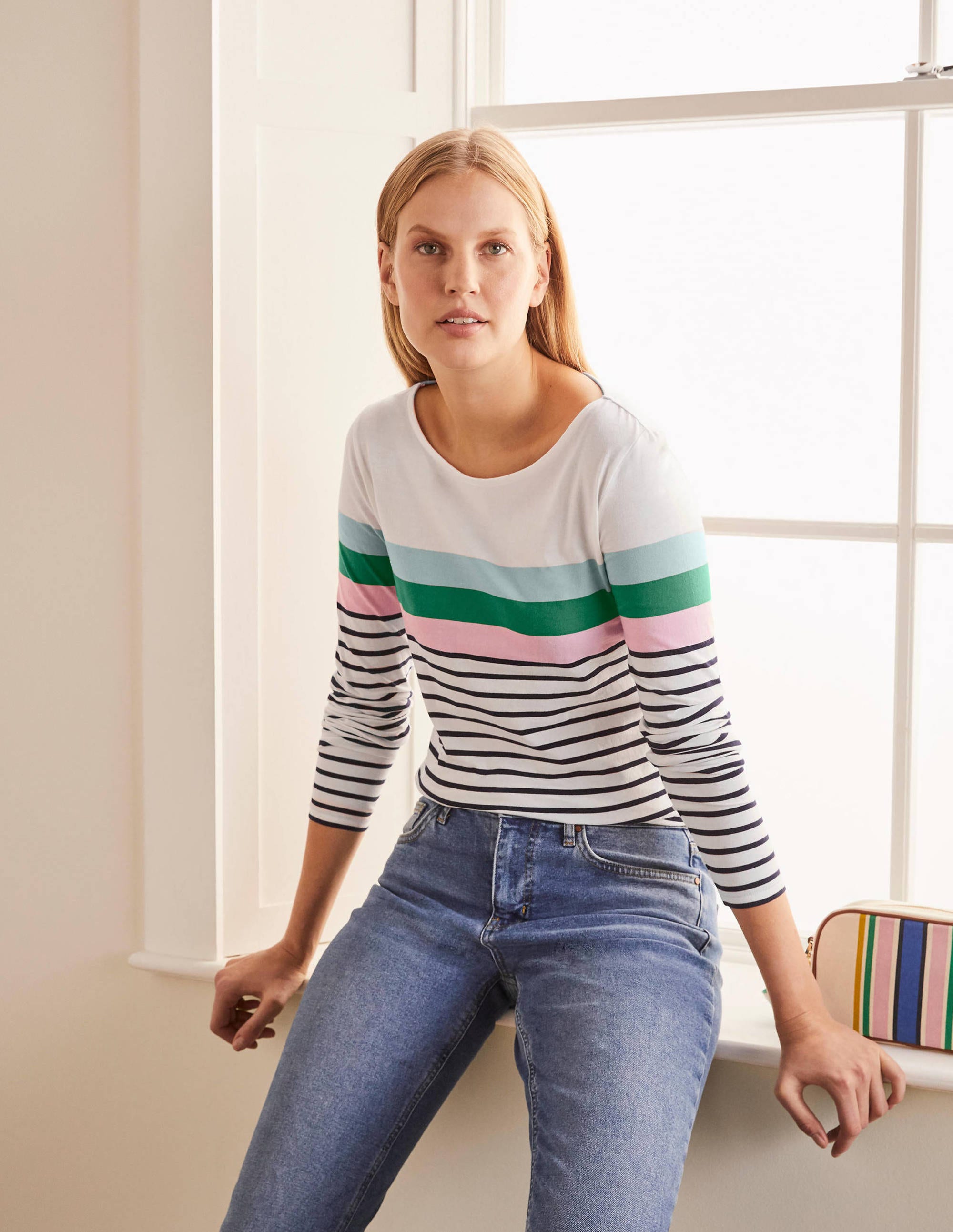 Long Sleeve Breton Top-Ice Blue/ Soft Peony - Image 1