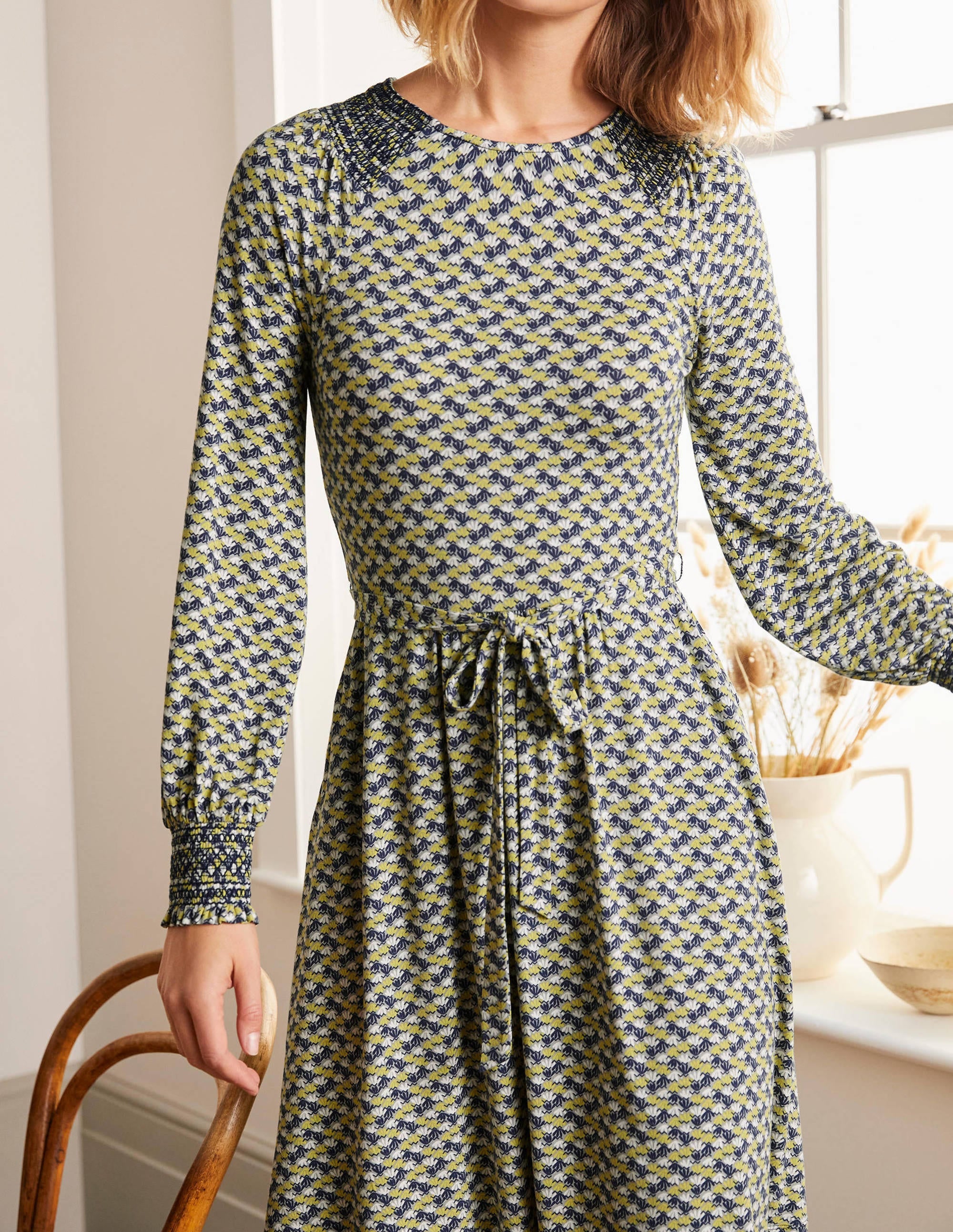 Grace Smocked Jersey Dress-Grey Squirrel, Water Lilies - Image 4
