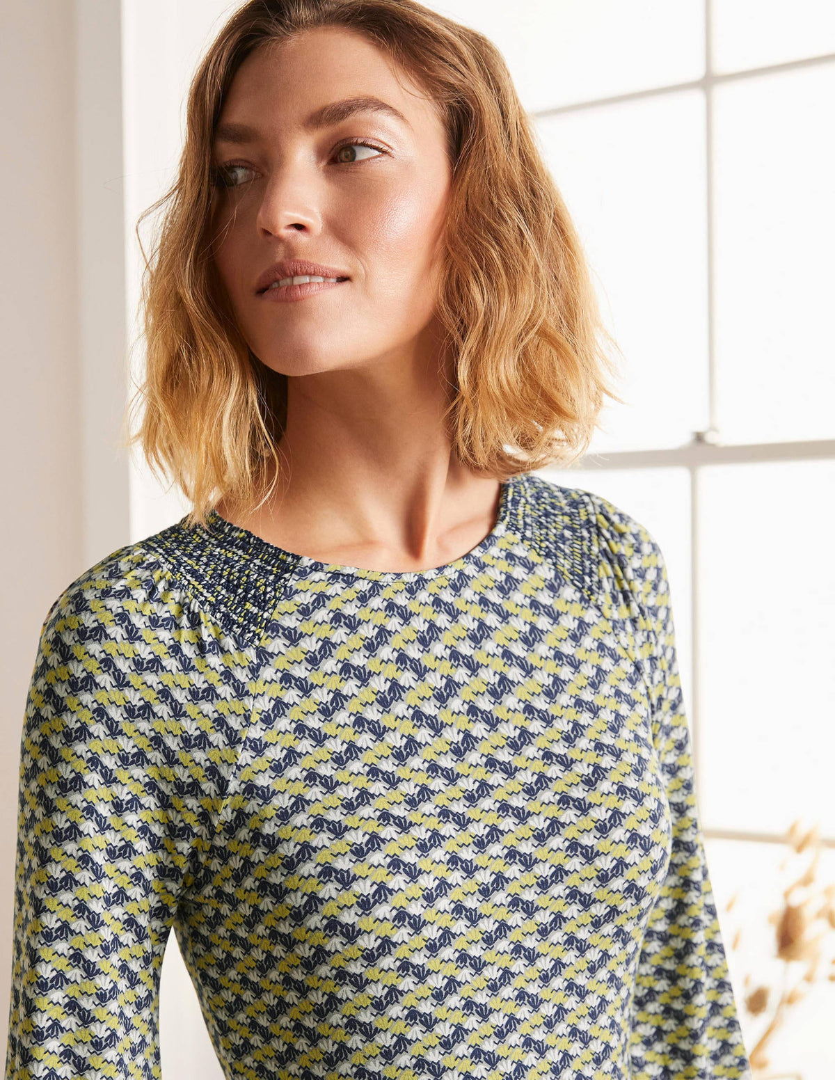 Grace Smocked Jersey Dress-Grey Squirrel, Water Lilies - Image 5