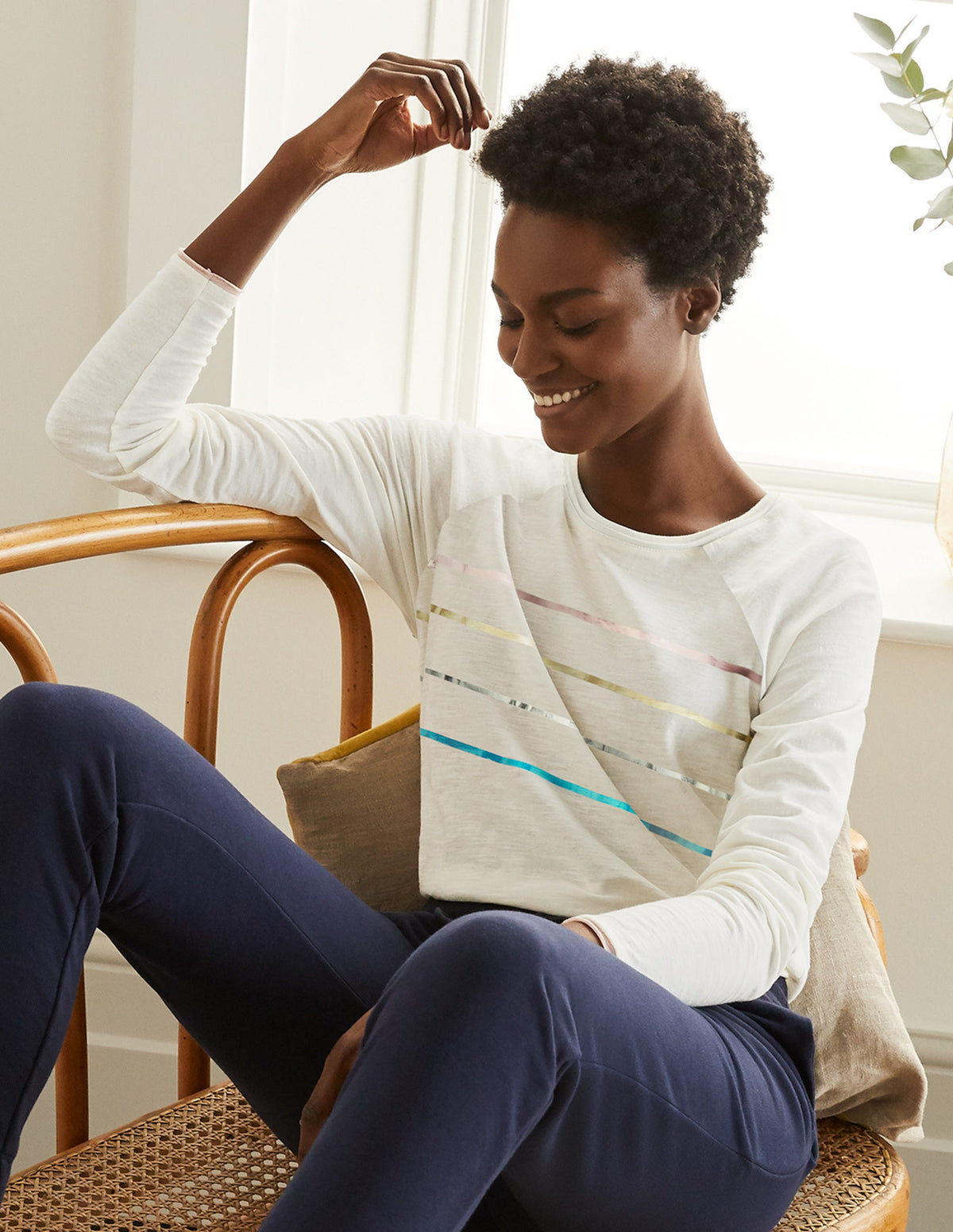 Lorna Baseball Jersey Top-Ivory, Foil Placement Stripe - Image 1
