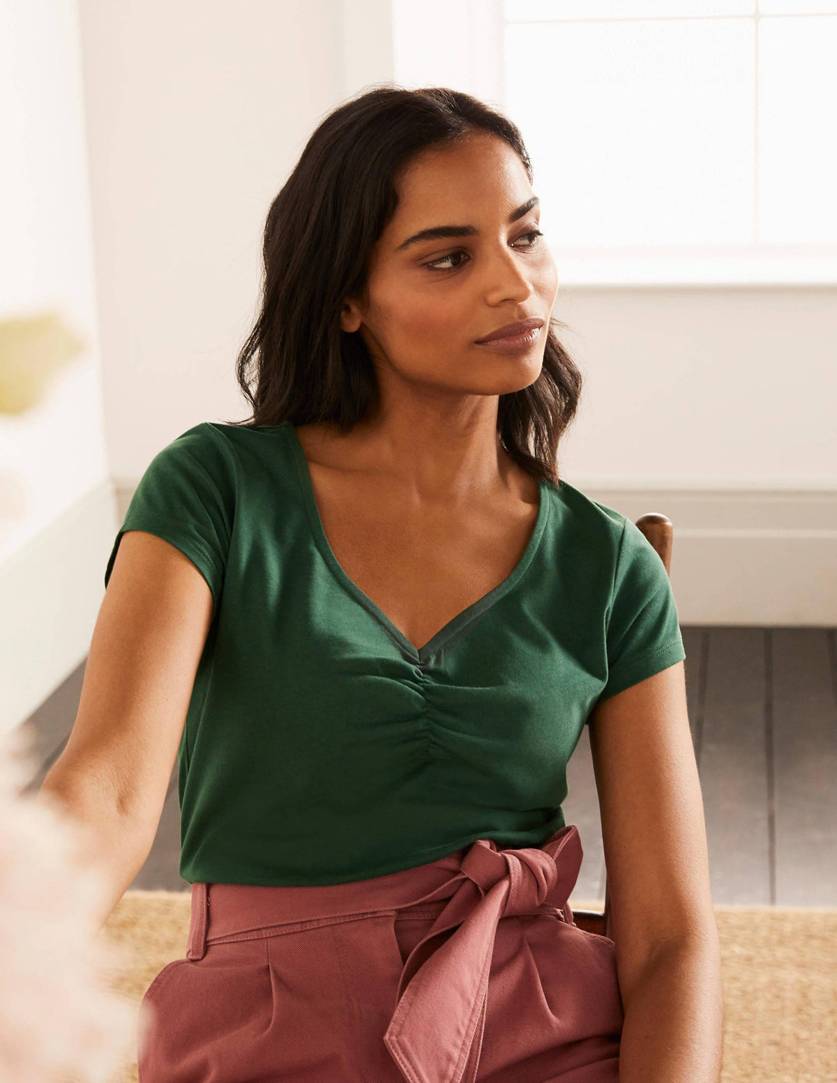 Supersoft Ruched V-Neck Top-Palm Leaf - Image 1