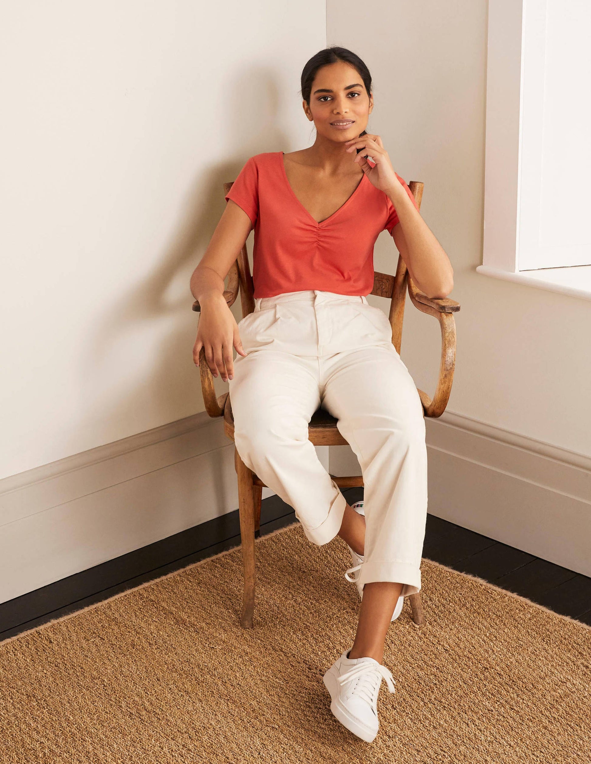 Supersoft Ruched V-Neck Top-Cherry Red-1