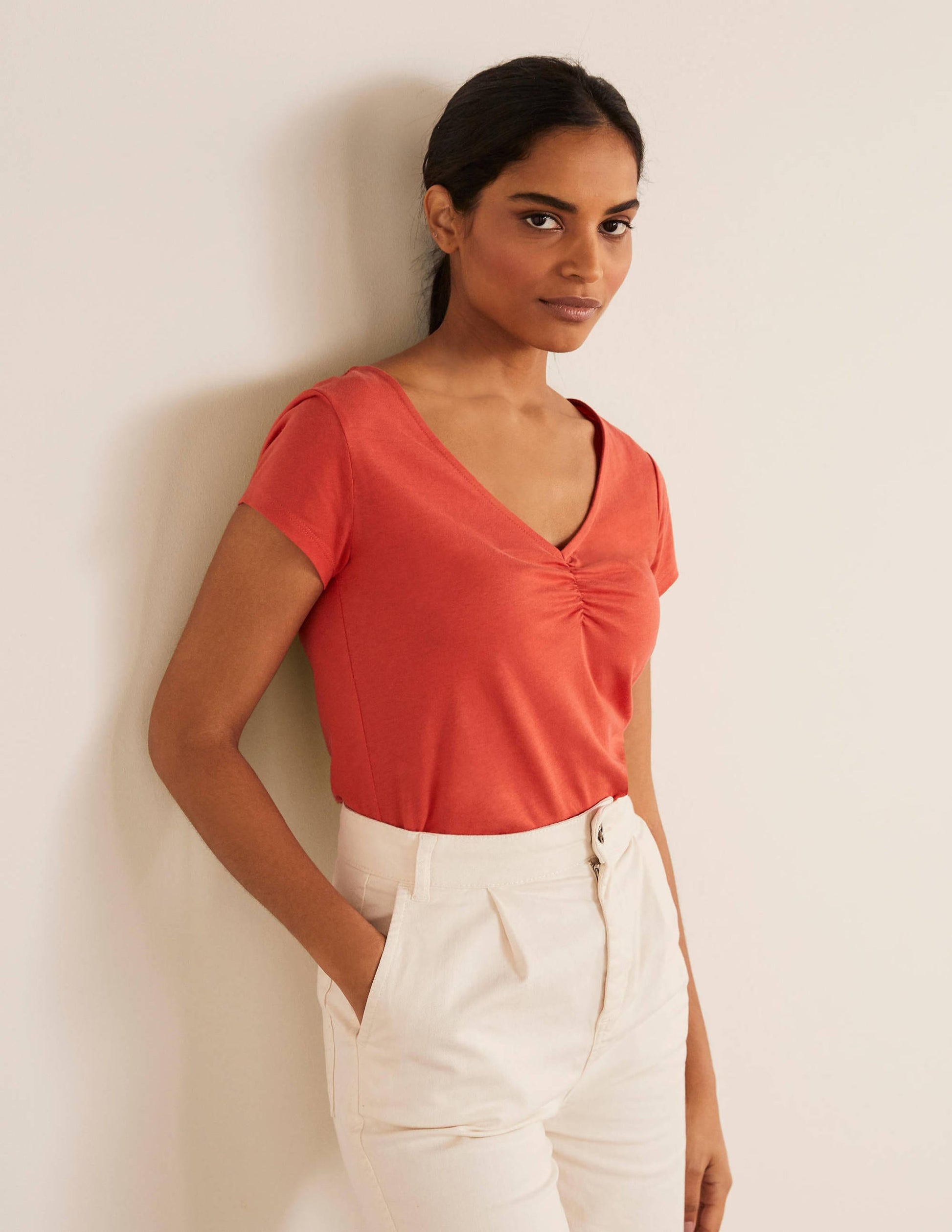 Supersoft Ruched V-Neck Top-Cherry Red-2