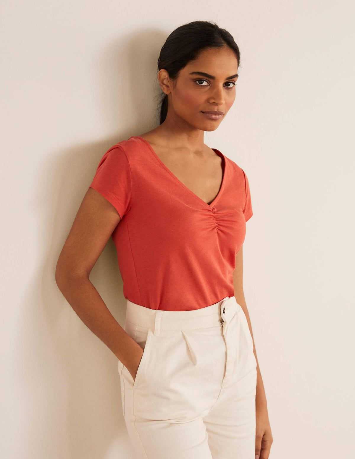 Supersoft Ruched V-Neck Top-Cherry Red - Image 2