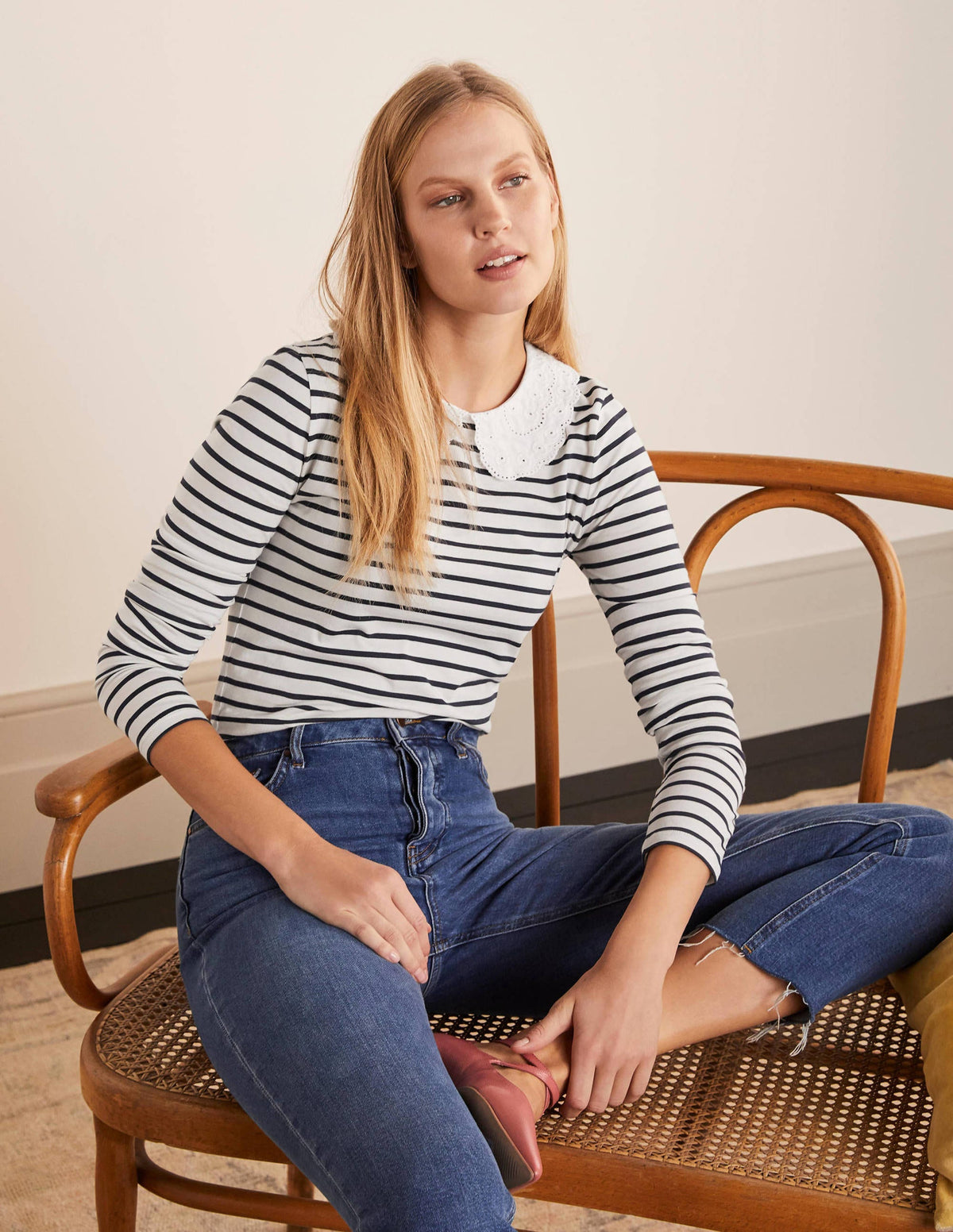 Kathleen Jersey Top-Ivory/ Navy-2