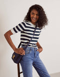 Abingdon Cotton Knitted Tee-Navy/Ivory Stripe