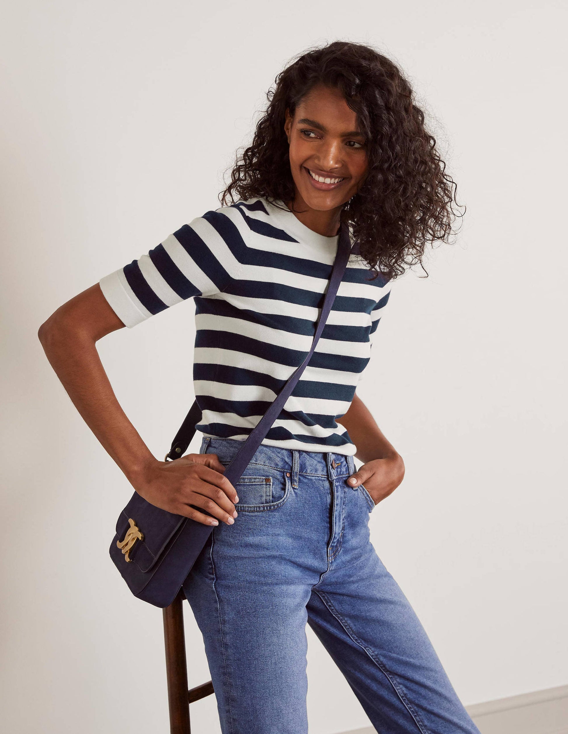 Abingdon Cotton Knitted Tee-Navy/Ivory Stripe-1