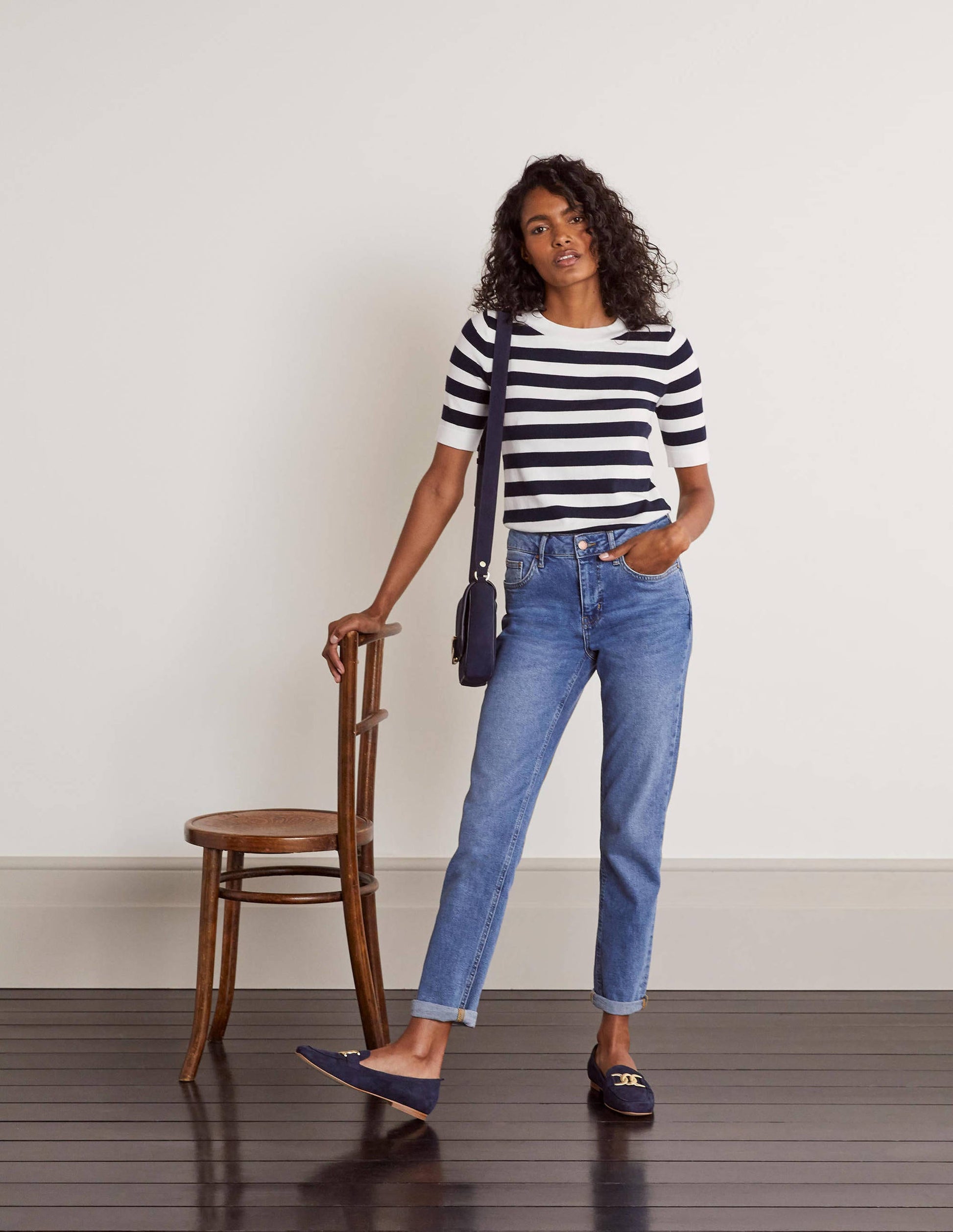 Abingdon Cotton Knitted Tee-Navy/Ivory Stripe-2