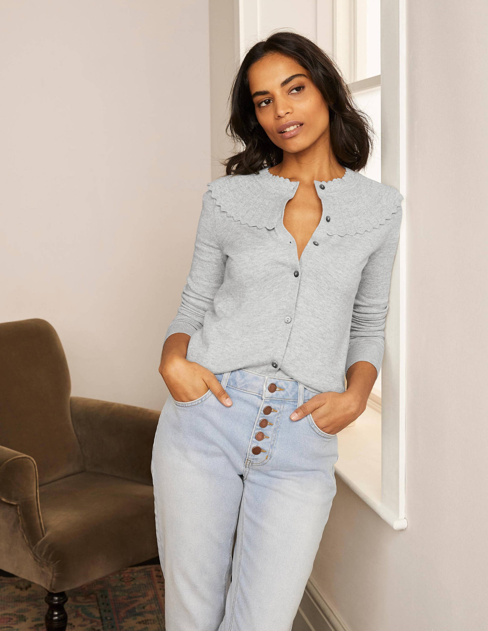 Abercorn Scallop Cardigan-Grey Melange-1