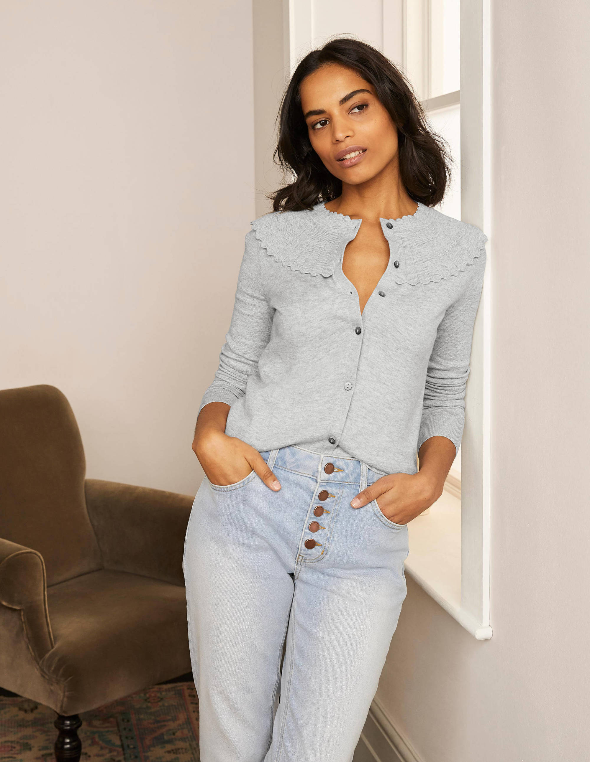 Abercorn Scallop Cardigan-Grey Melange - Image 1