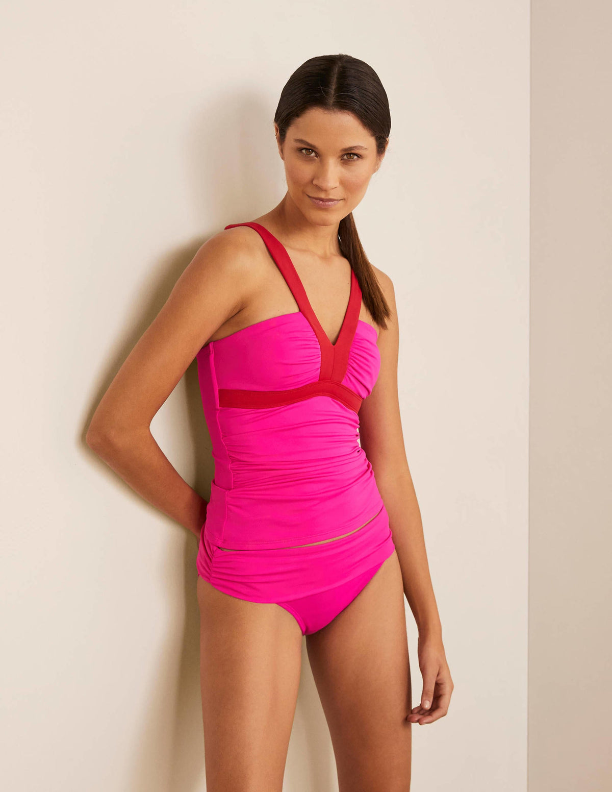 Corsica V-neck Tankini Top-Neon Pink Colourblock - Image 1