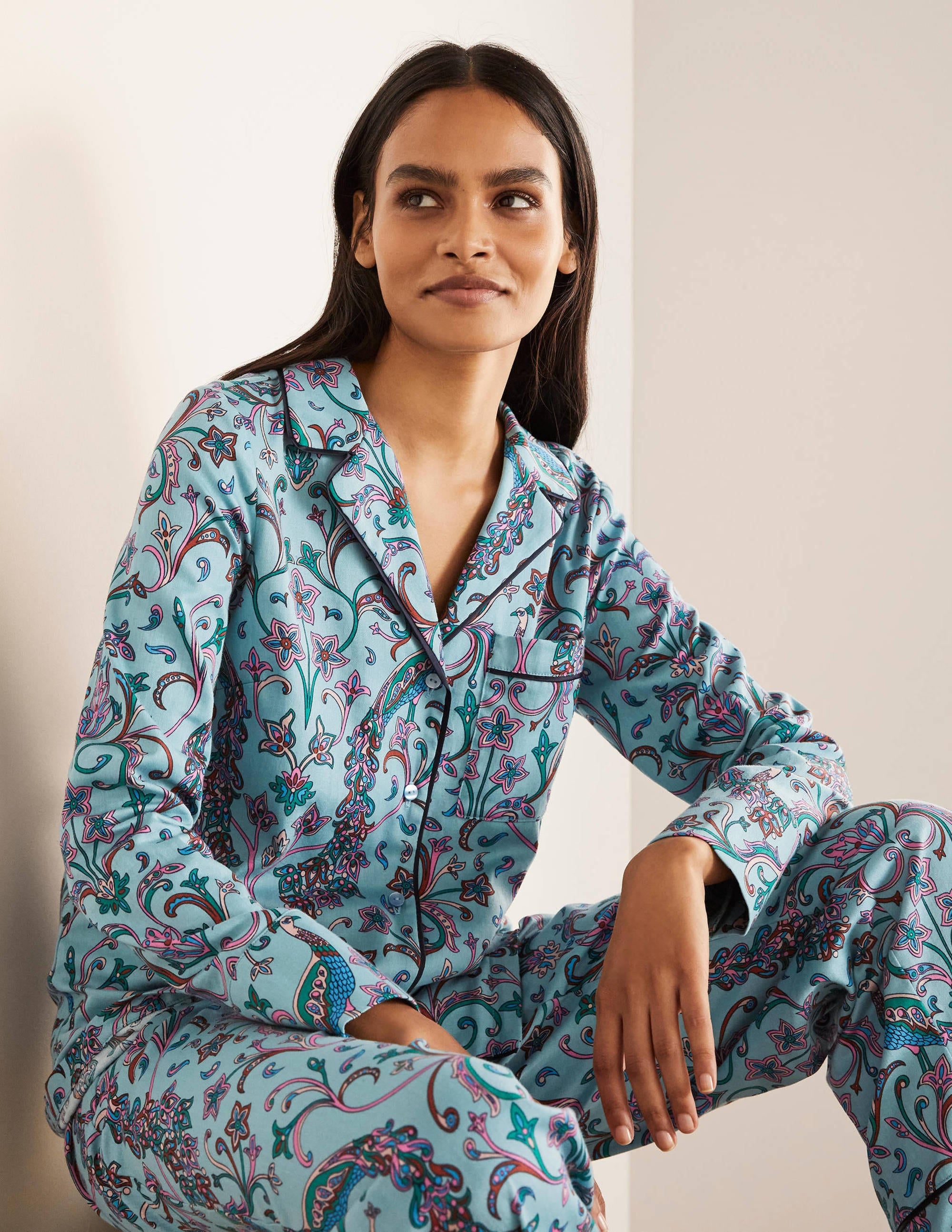 Long Sleeve Pyjama Shirt-Frost, Fanciful Peacock - Image 4
