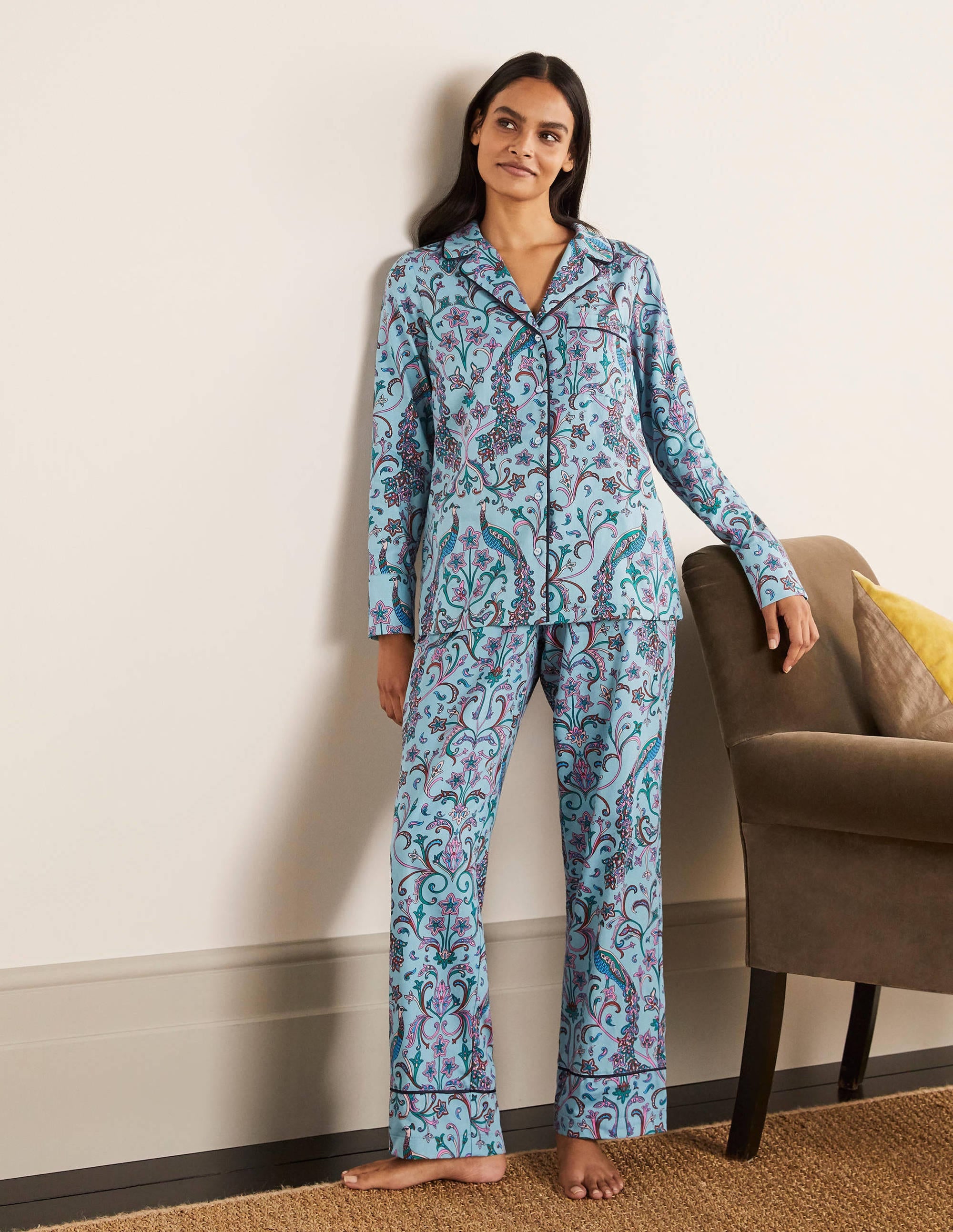 Long Sleeve Pyjama Shirt-Frost, Fanciful Peacock - Image 1