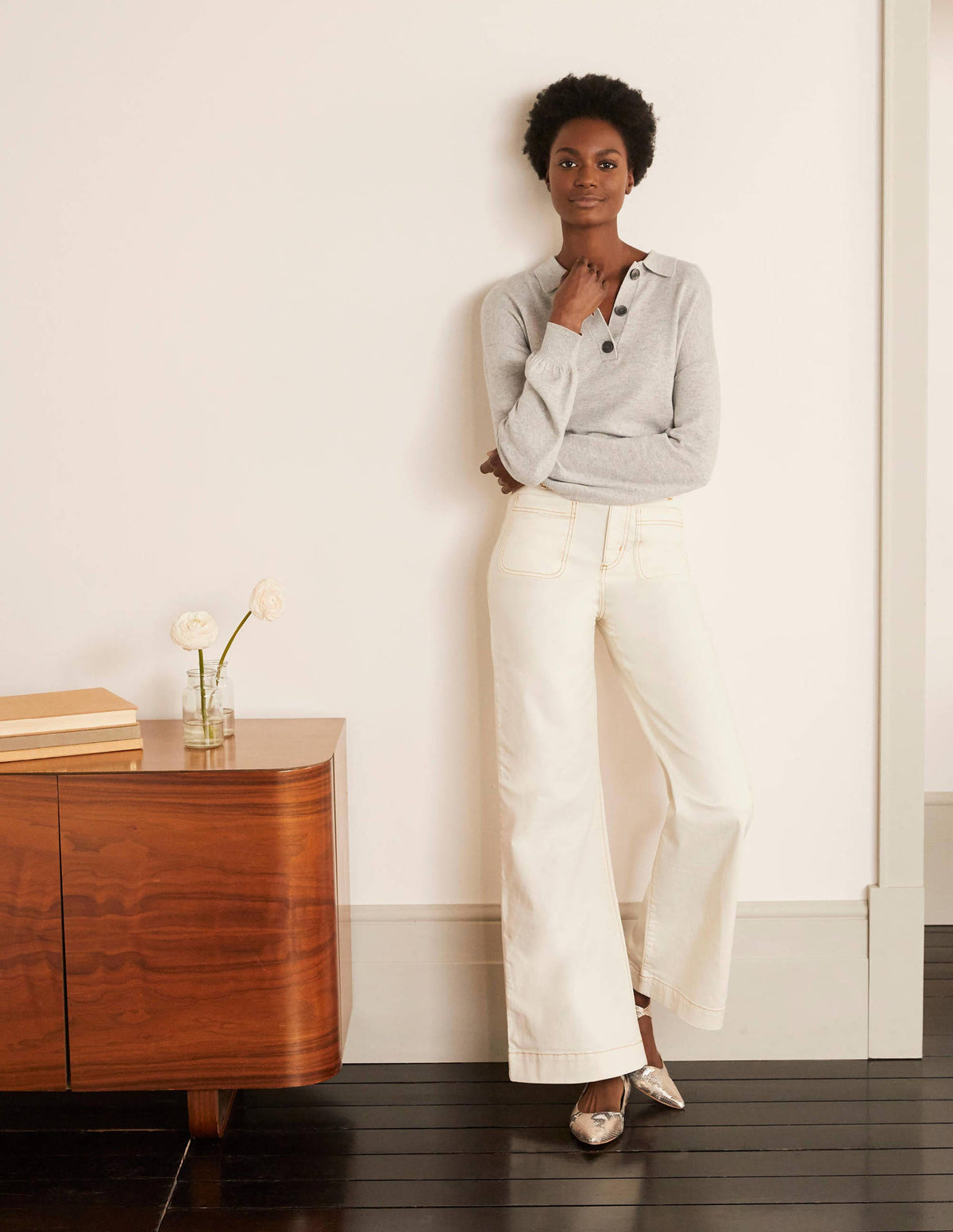 Patch Pocket Wide Leg Jeans-Ivory - Image 5
