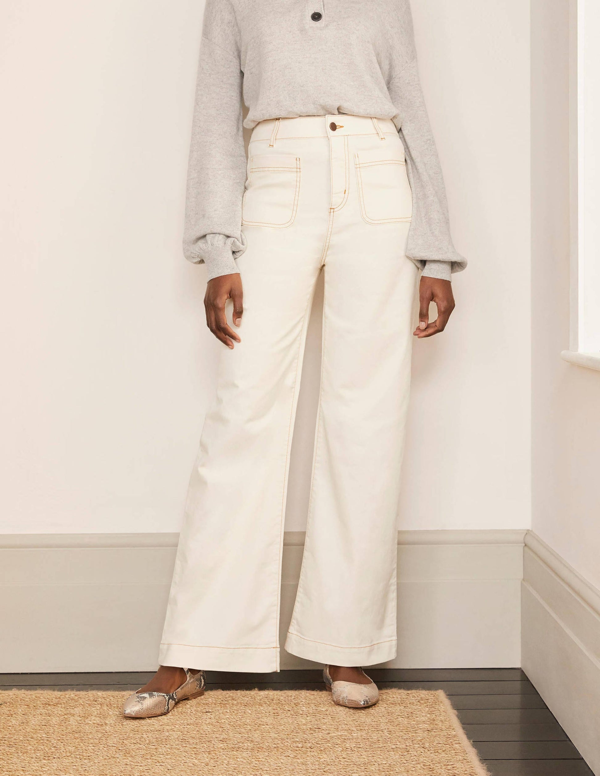 Patch Pocket Wide Leg Jeans-Ivory-1