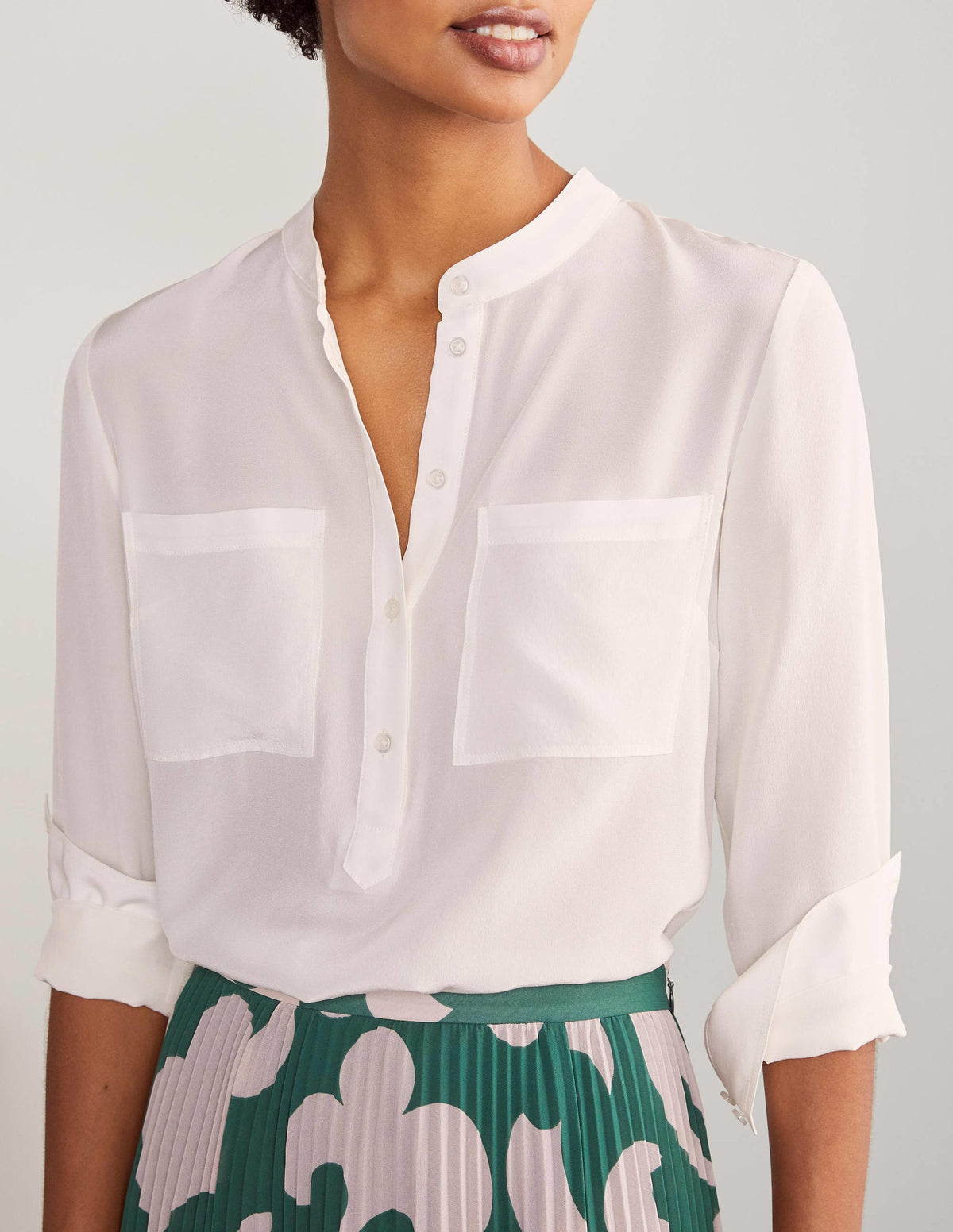Silk Collarless Blouse-Ivory-4